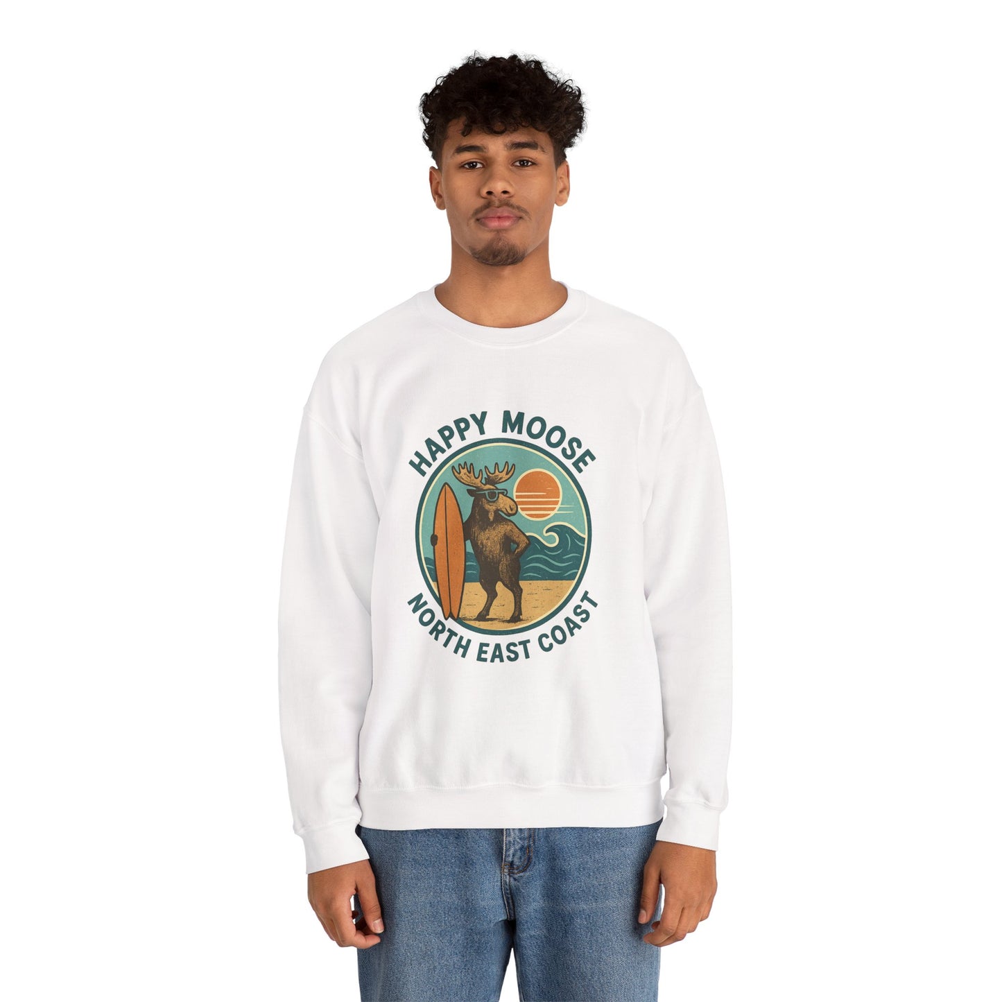 Happy Moose North East Coast Crewneck Sweatshirt — Vintage Surf Moose Graphic