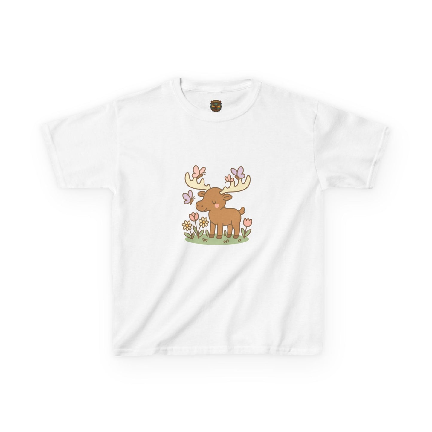 Kids T-Shirt — Cute Woodland Moose with Butterflies Kids Tee