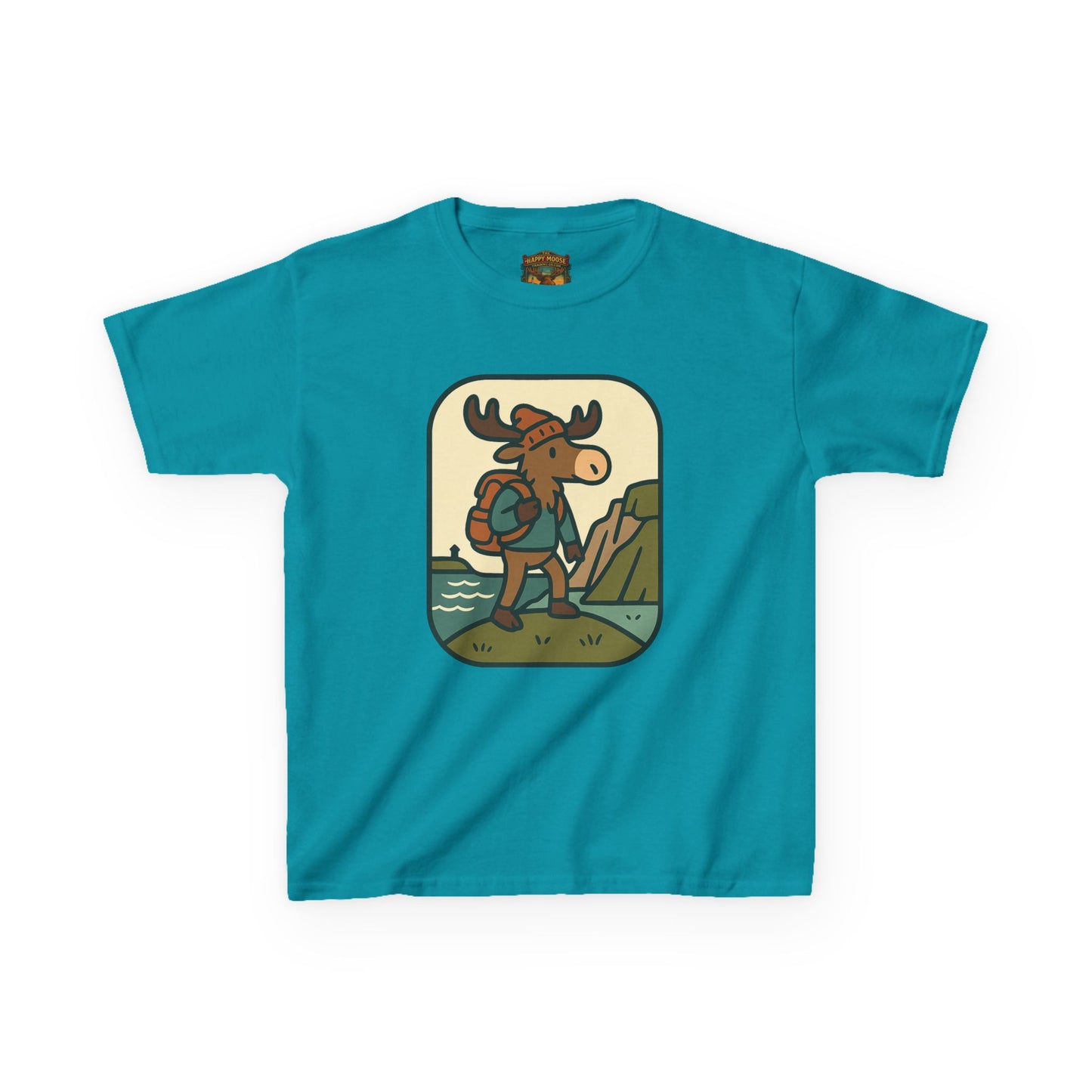 Kids Hiking Moose T‑Shirt — Cute Adventure Backpacker Tee for Boys & Girls