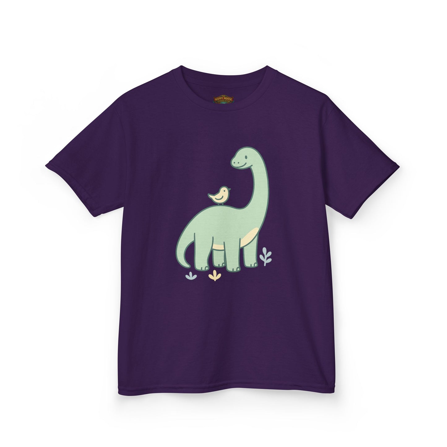 Kids Dino & Bird Tee — Cute Green Brontosaurus Graphic T‑Shirt