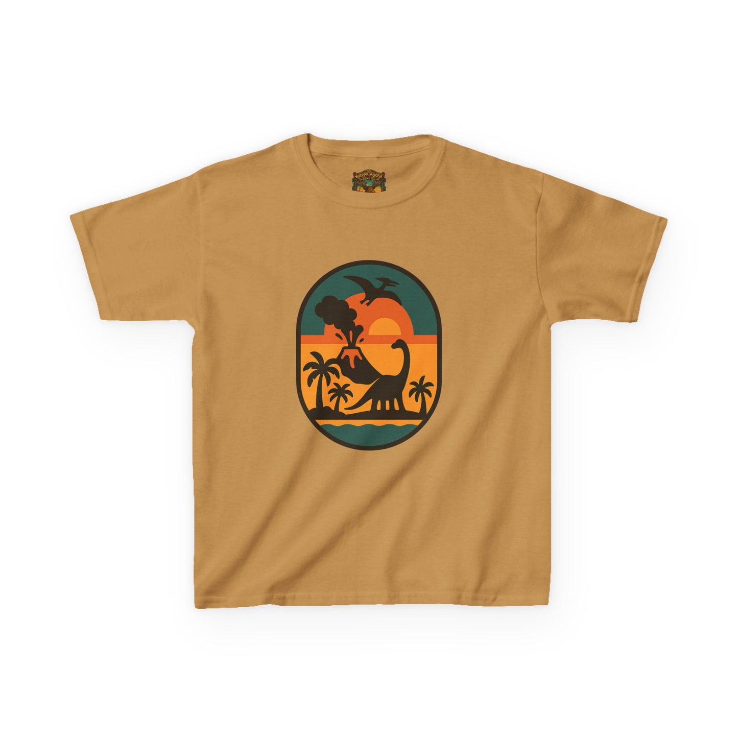 Kids T‑Shirt — Retro Tropical Dinosaur Sunset
