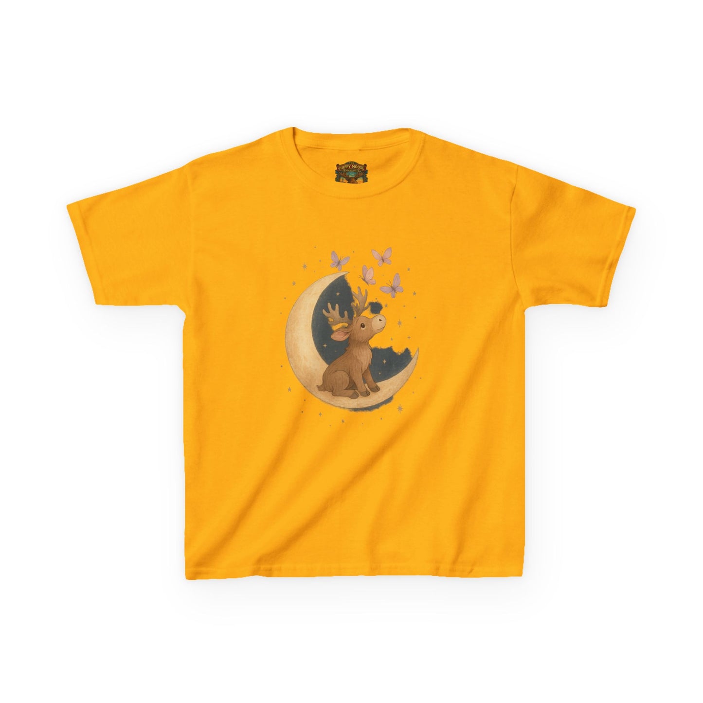 Kids Tee — Cute Puppy on Moon with Butterflies Graphic