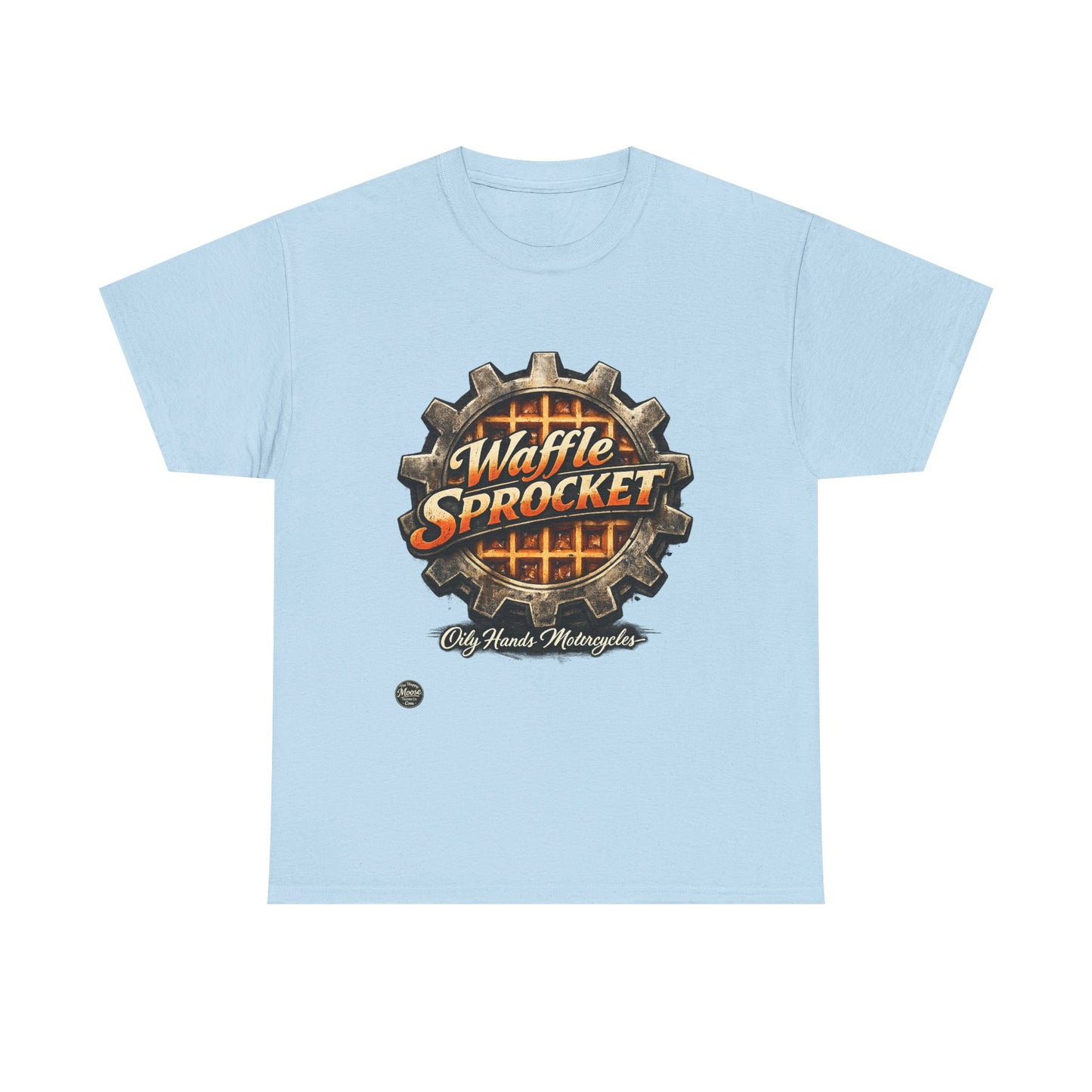 Oily Hands Waffle Sprocket Vintage Logo T-Shirt — Retro Mechanical Breakfast Tee #004 E