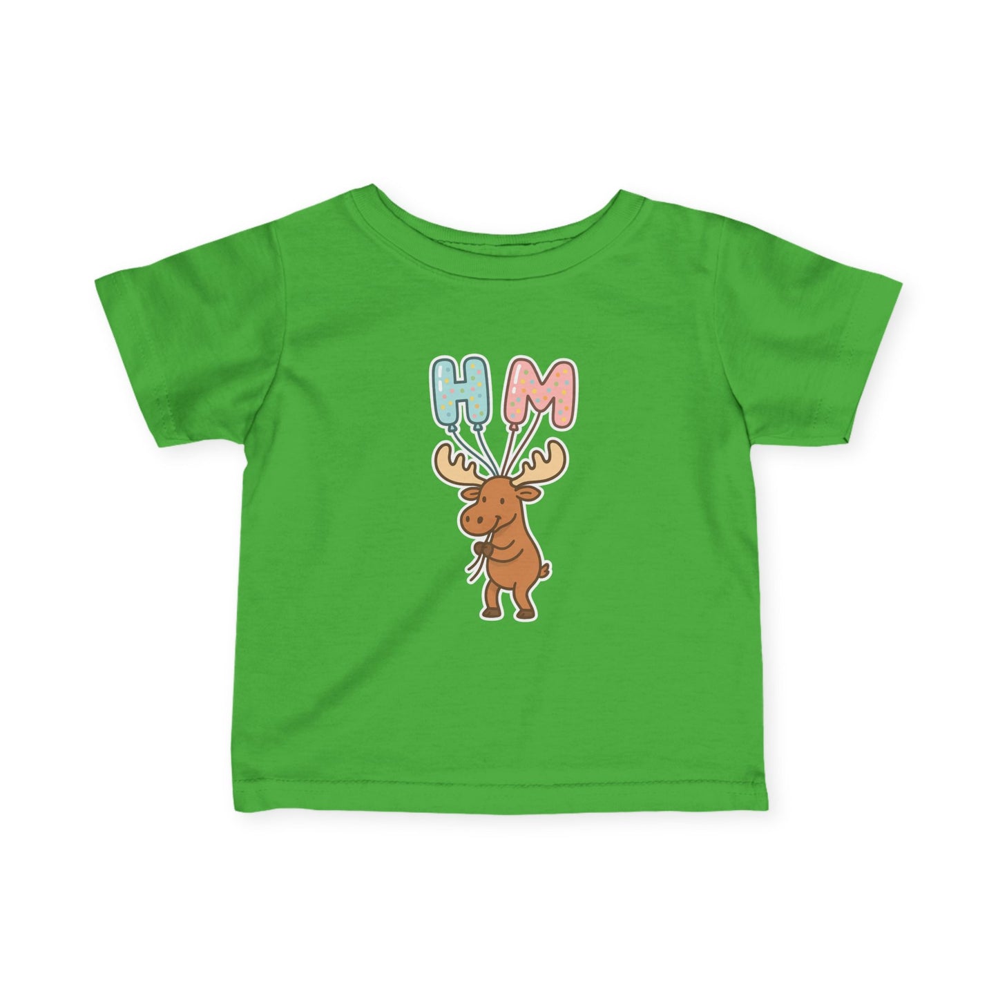 Baby Tee — Cute Moose Holding 'HM' Heart Balloons | Infant Graphic Shirt