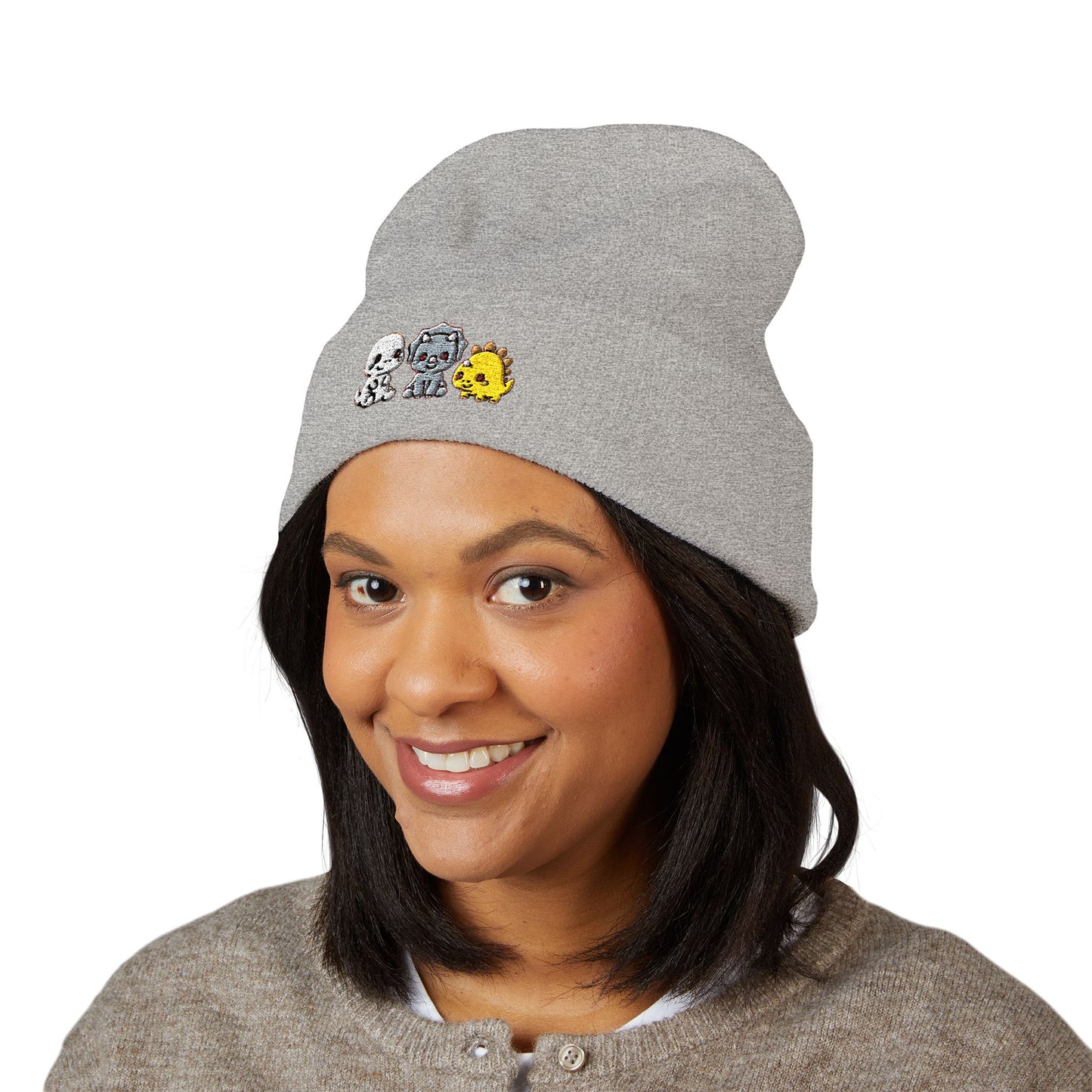 Embroidered Cute Character Cuffed Beanie — Trio Skull, Robot & Chick Winter Hat