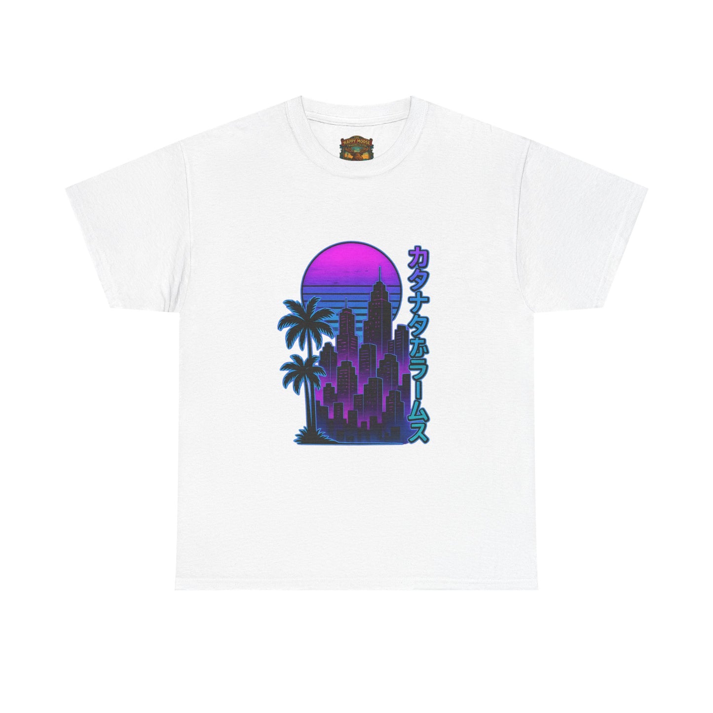Retro Vaporwave Tee — Neon Sunset City with Palm Trees & Japanese Text