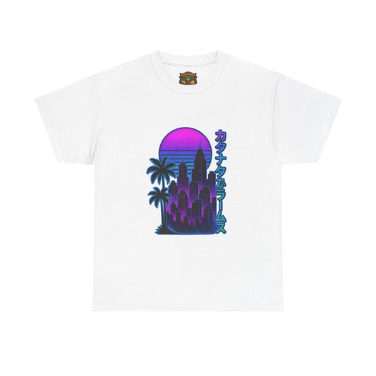 Retro Vaporwave Tee — Neon Sunset City with Palm Trees & Japanese Text