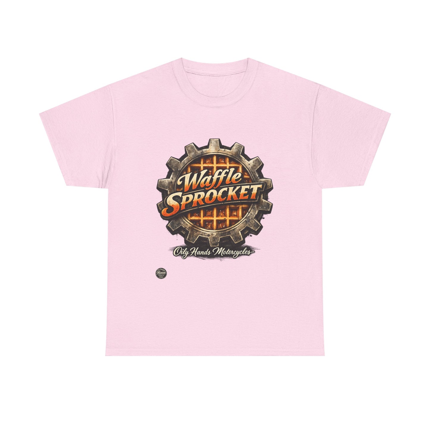 Oily Hands Waffle Sprocket Vintage Logo T-Shirt — Retro Mechanical Breakfast Tee #004 E