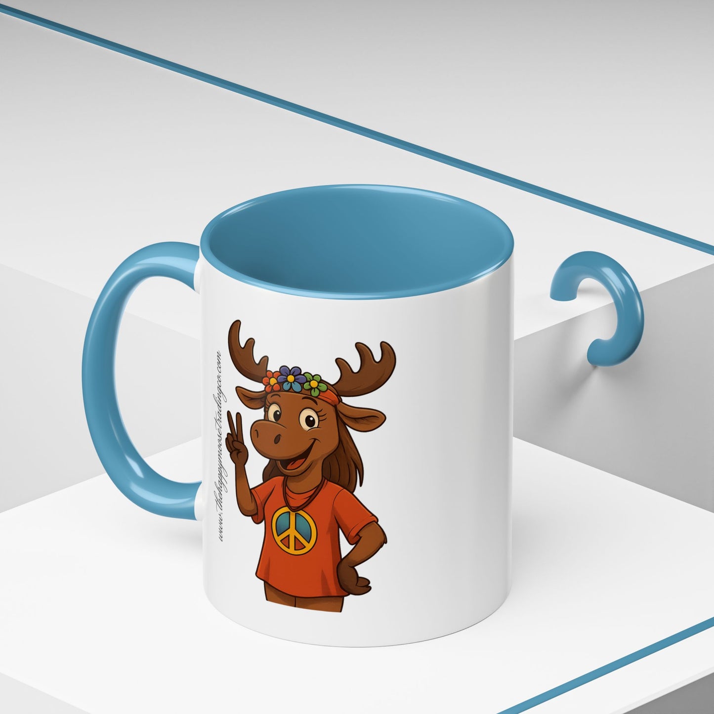 Peace Sign Moose Accent Coffee Mug — Hippie Moose with Flower Crown (11/15oz)