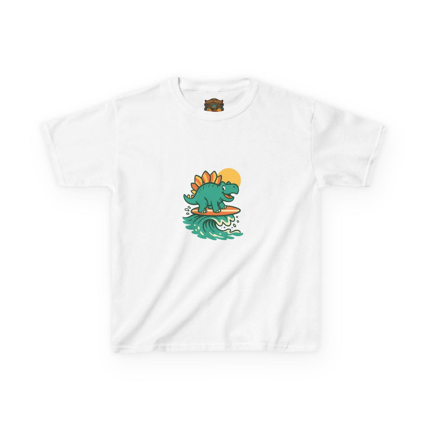 Kids Surfing Dinosaur T-Shirt — Cute Stegosaurus on Wave Graphic Tee
