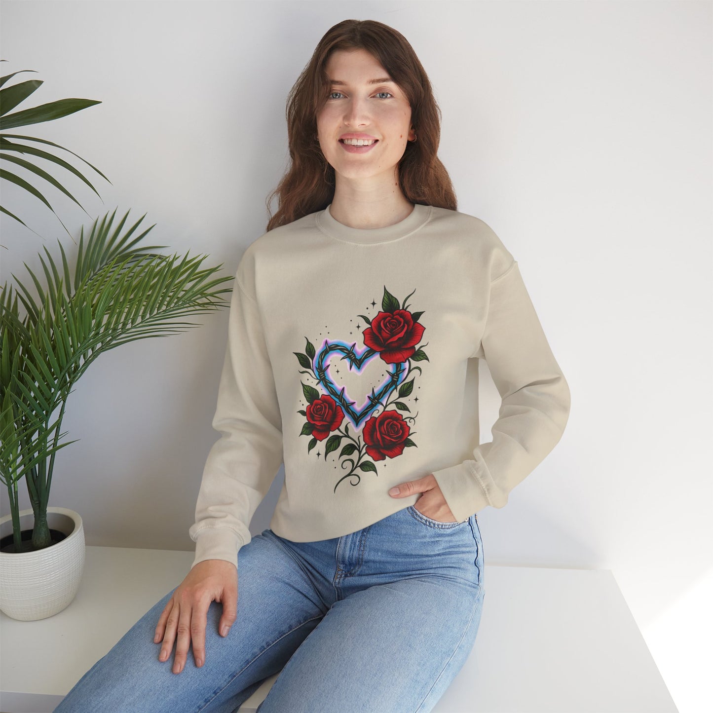 Heart & Roses Crewneck Sweatshirt — Gothic Floral Heart Design