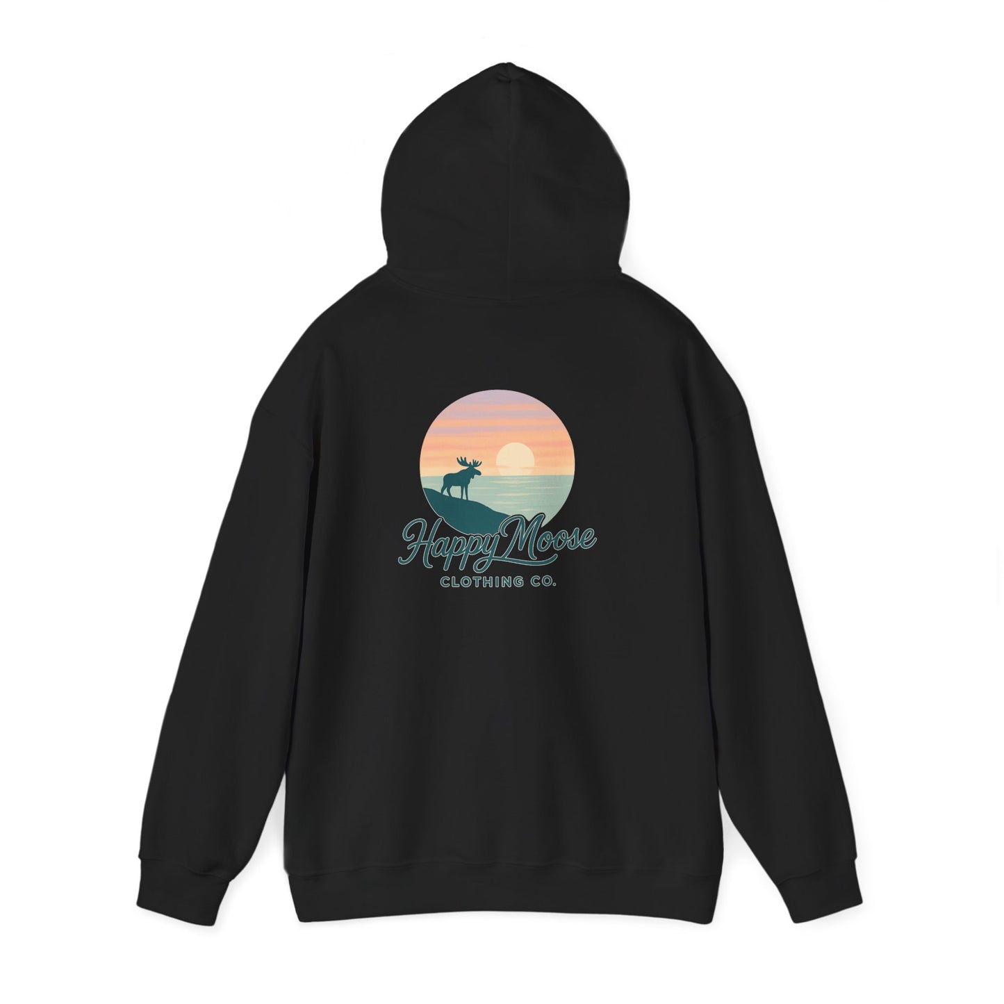 Happy Moose Hoodie — Sunset Lake Graphic Hooded Sweatshirt