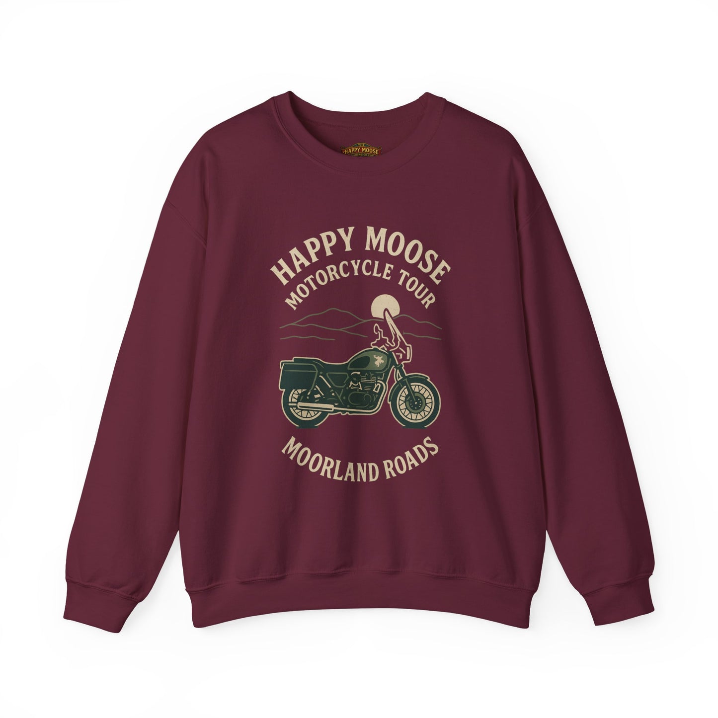 Motorcycle Crewneck Sweatshirt — "Happy Moose Motorcycle Tour" Vintage Bike Graphic