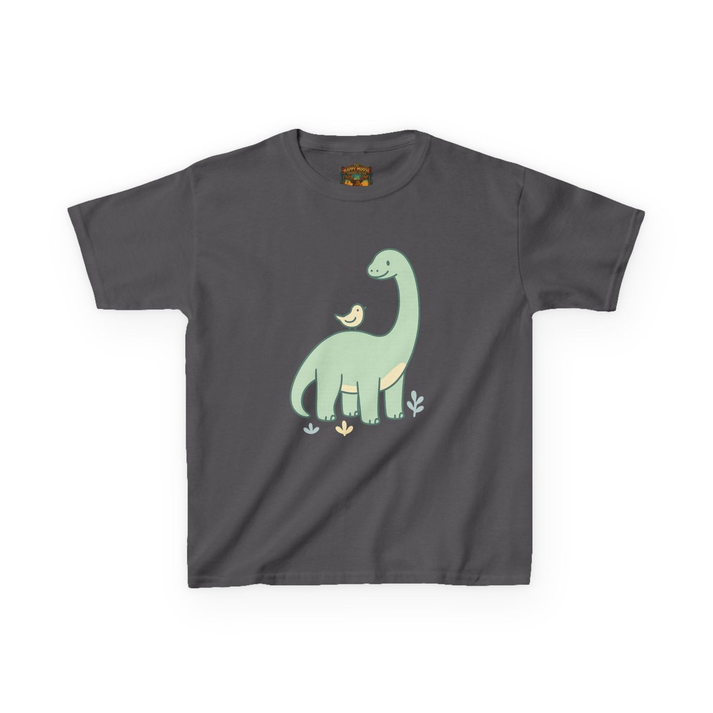 Kids Dino & Bird Tee — Cute Green Brontosaurus Graphic T‑Shirt