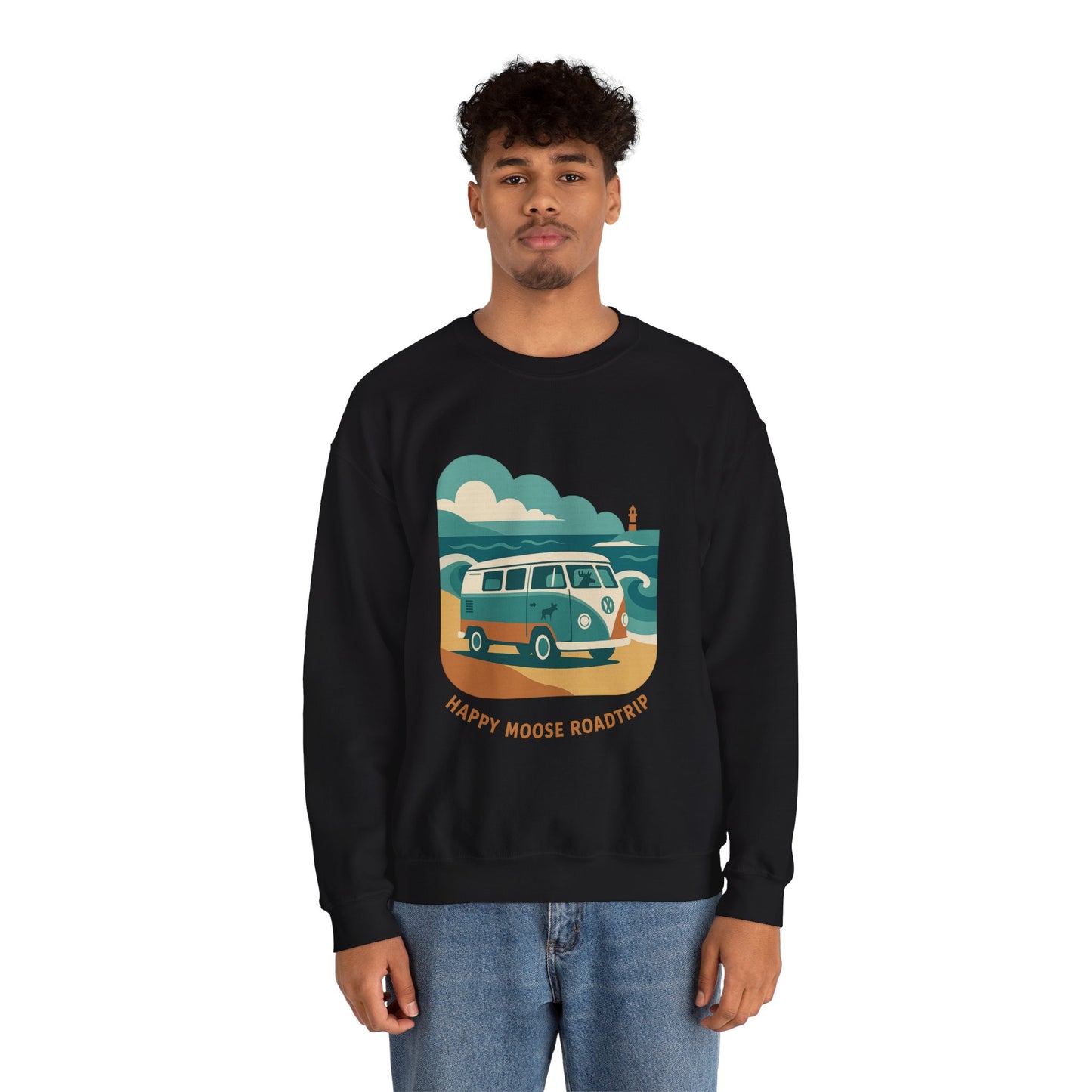 Road Trip Crewneck Sweatshirt — "Happy Moose Roadtrip" Vintage Van Graphic