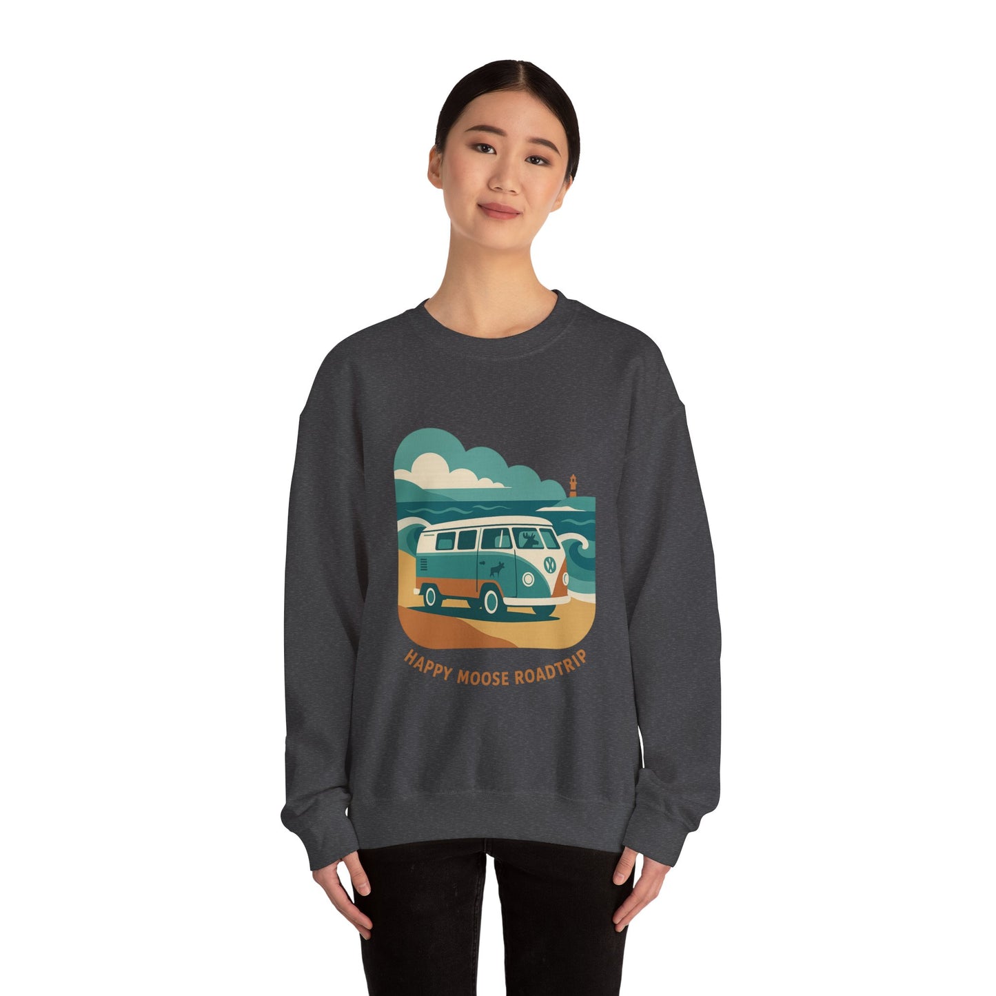 Road Trip Crewneck Sweatshirt — "Happy Moose Roadtrip" Vintage Van Graphic