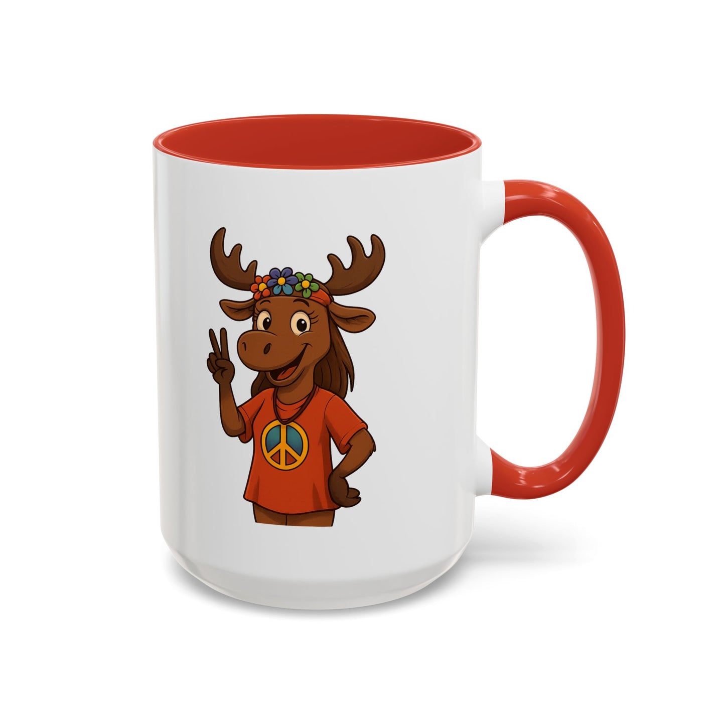 Peace Sign Moose Accent Coffee Mug — Hippie Moose with Flower Crown (11/15oz)