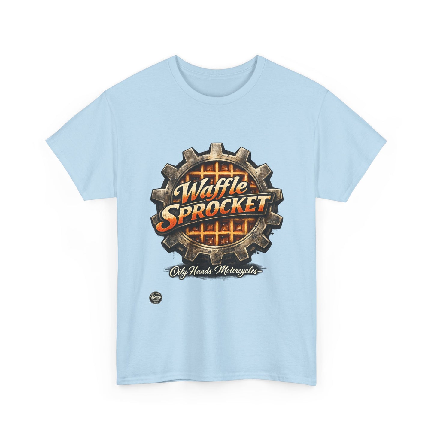 Oily Hands Waffle Sprocket Vintage Logo T-Shirt — Retro Mechanical Breakfast Tee #004 E