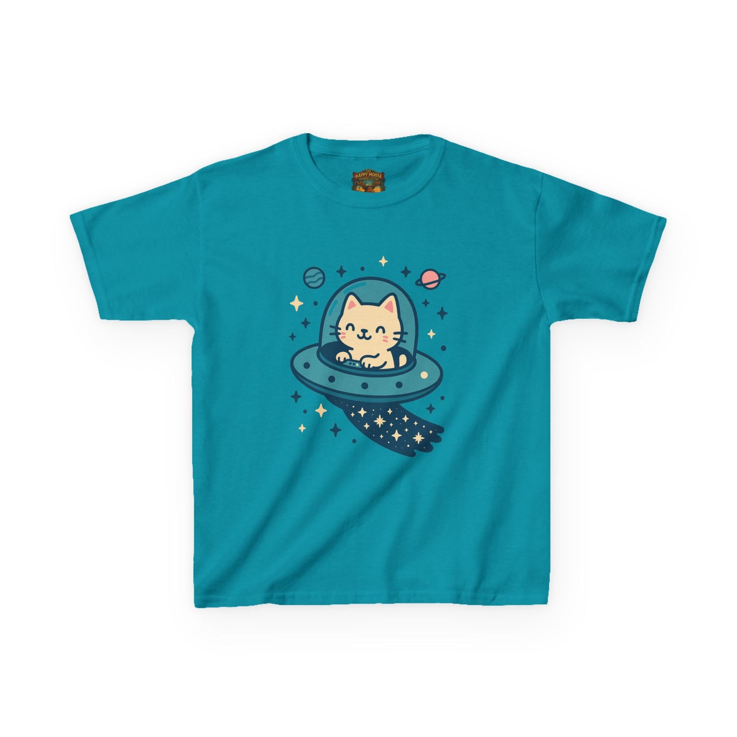 Kids Tee — Cute Cat in UFO Spacecraft Graphic