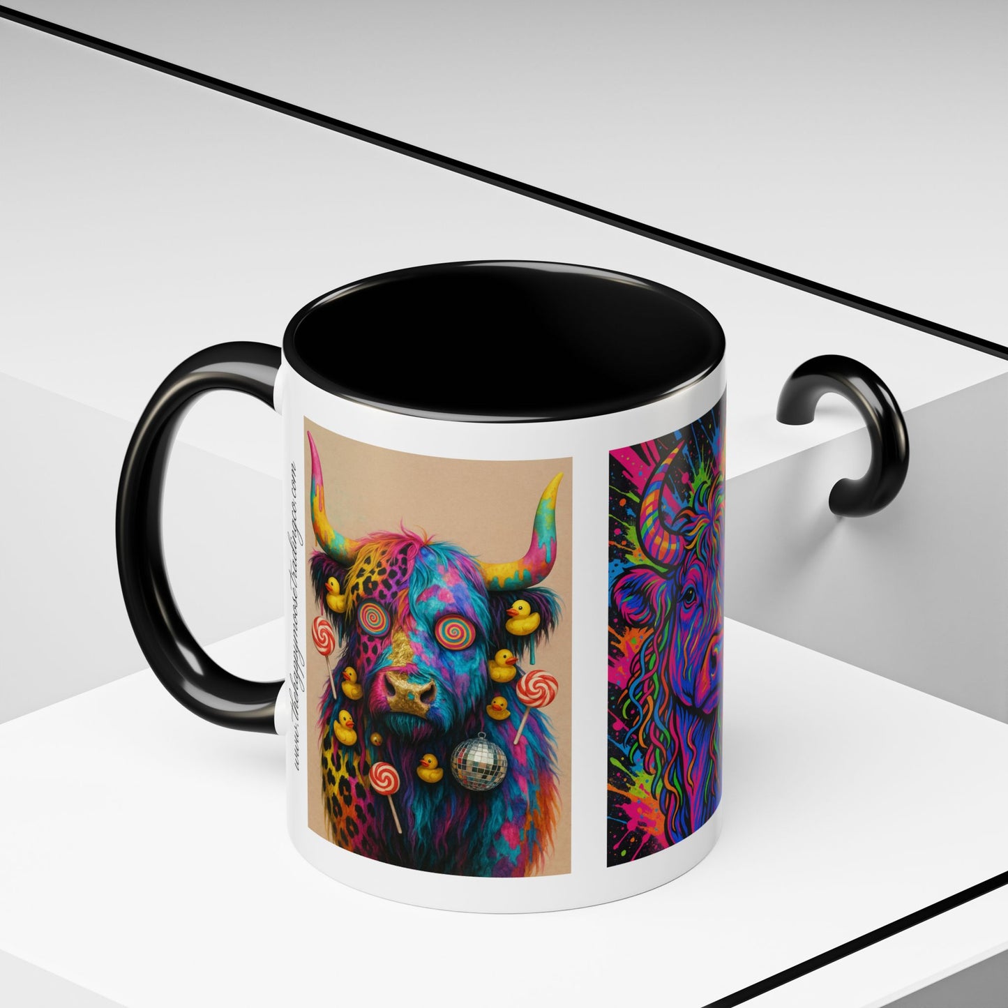 Psychedelic Highland Cow Accent Coffee Mug — Colorful Neon Farm Animal Art (11/15 oz)