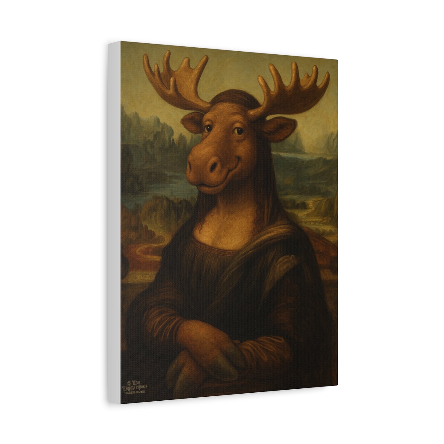 Moose Mona Lisa Canvas Print — Whimsical Animal Portrait Wall Art