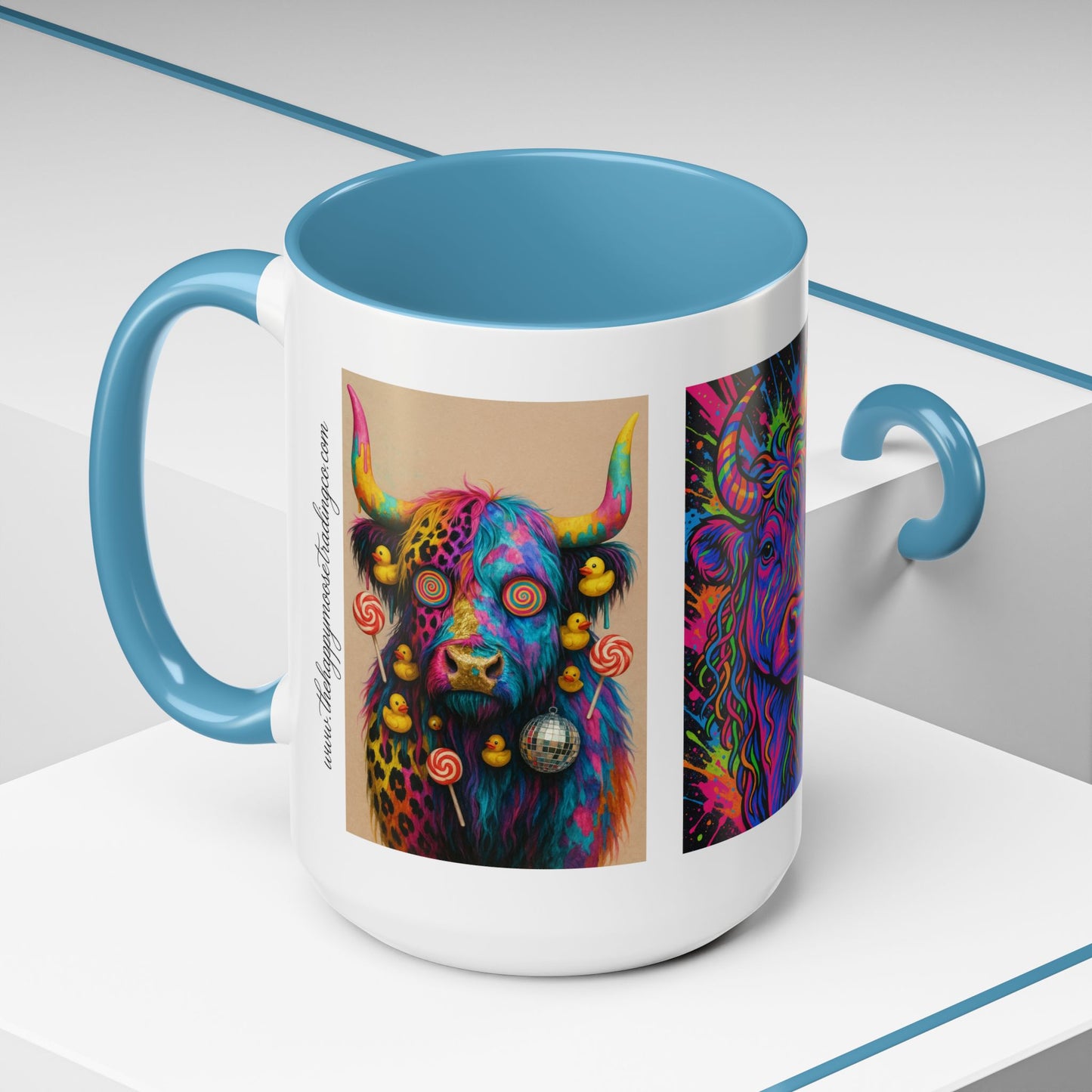 Psychedelic Highland Cow Accent Coffee Mug — Colorful Neon Farm Animal Art (11/15 oz)
