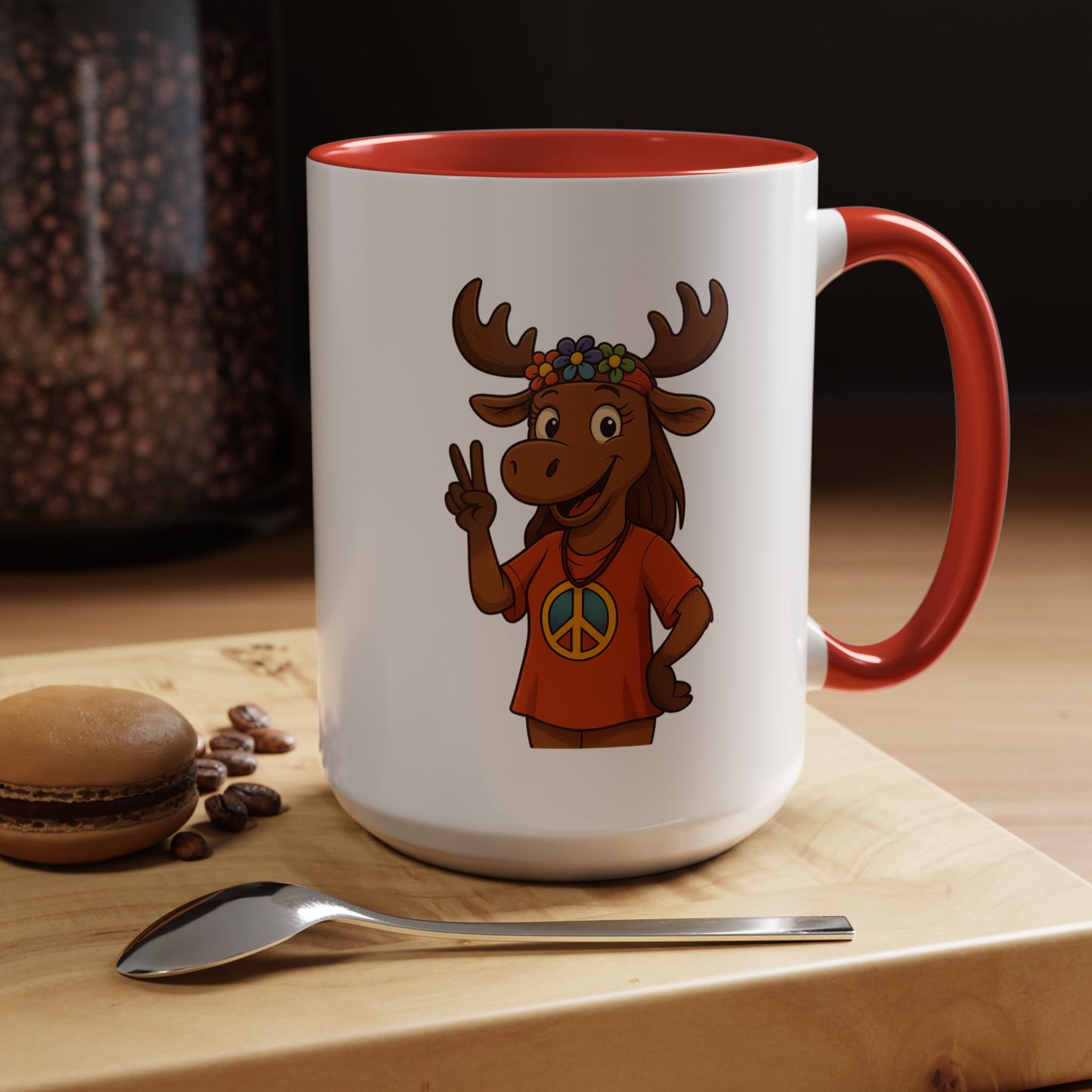Peace Sign Moose Accent Coffee Mug — Hippie Moose with Flower Crown (11/15oz)