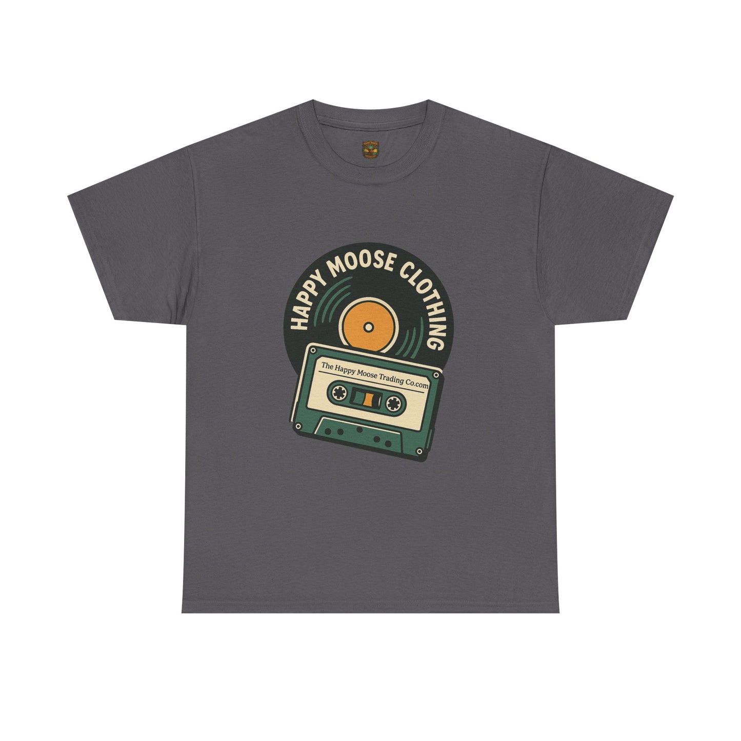 Cassette & Vinyl Retro Tee — “Happy Moose Clothing” Vintage Music Graphic T-Shirt