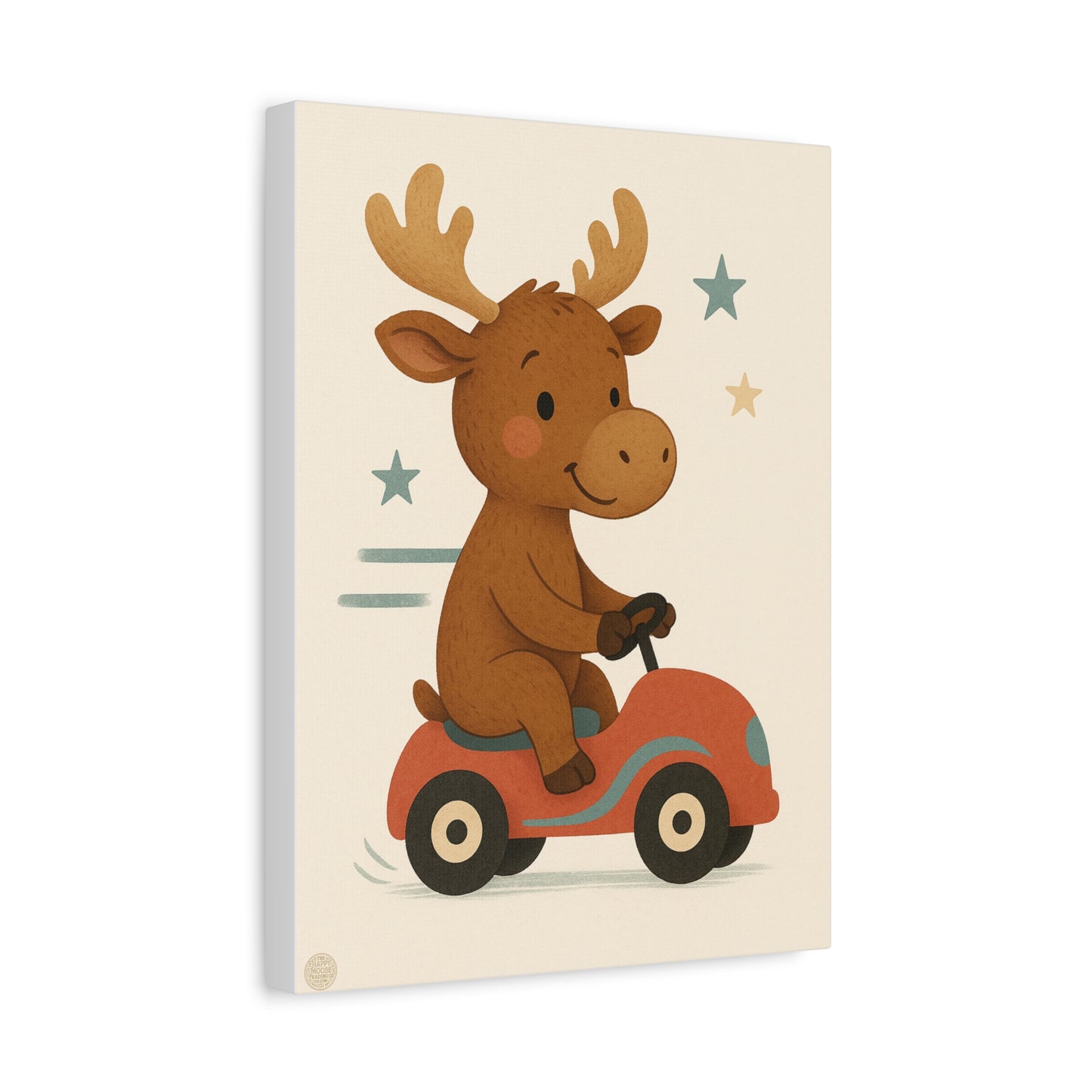 Cute Moose on Red Car Canvas Wall Art – Nursery Kids Decor