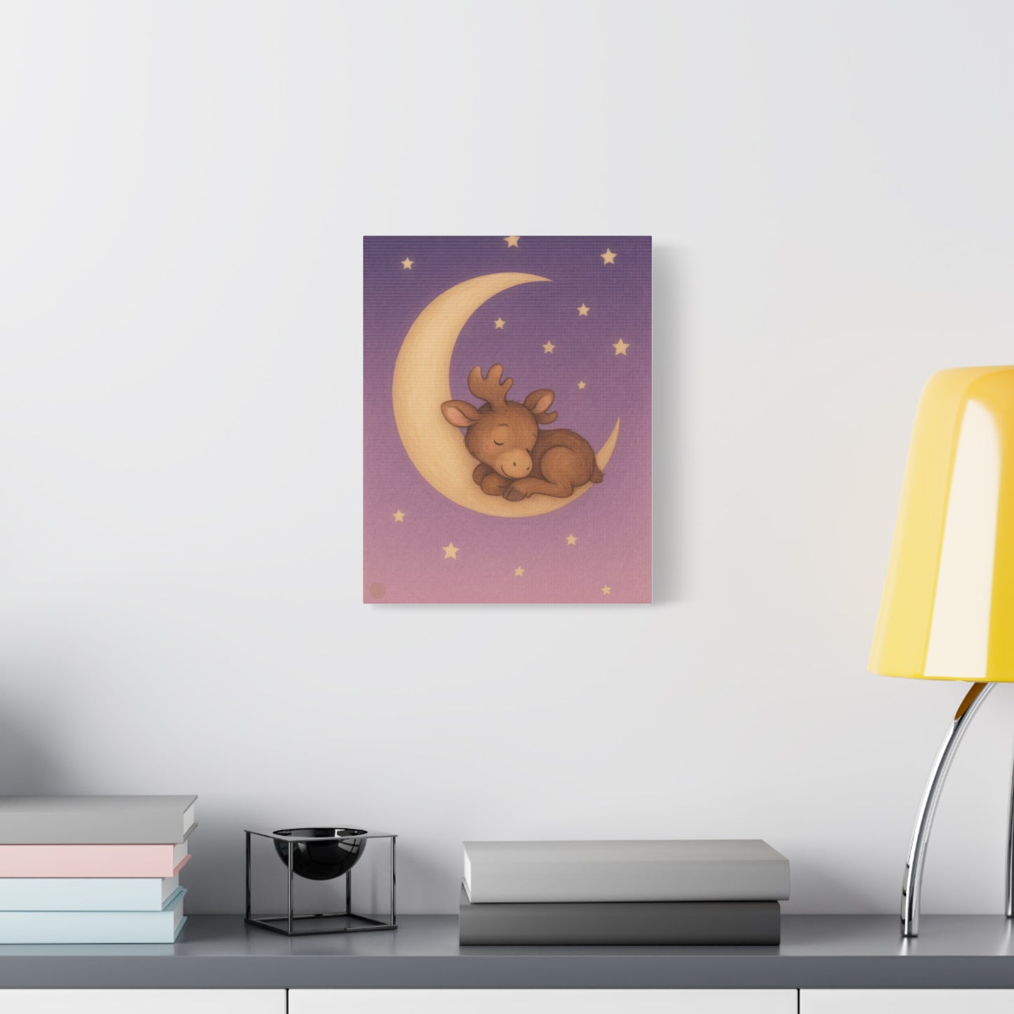 Nursery Canvas Art – Sleeping Moose on Moon Baby Room Wall Decor