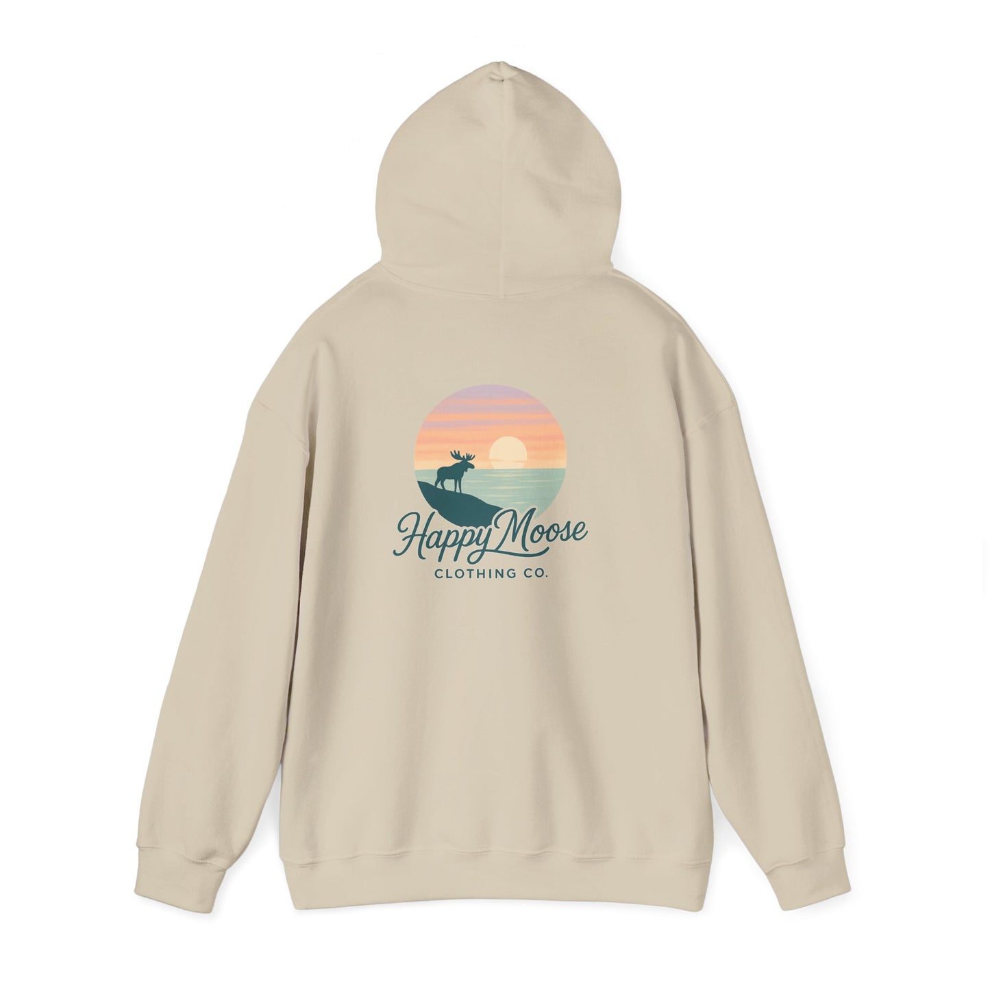 Happy Moose Hoodie — Sunset Lake Graphic Hooded Sweatshirt