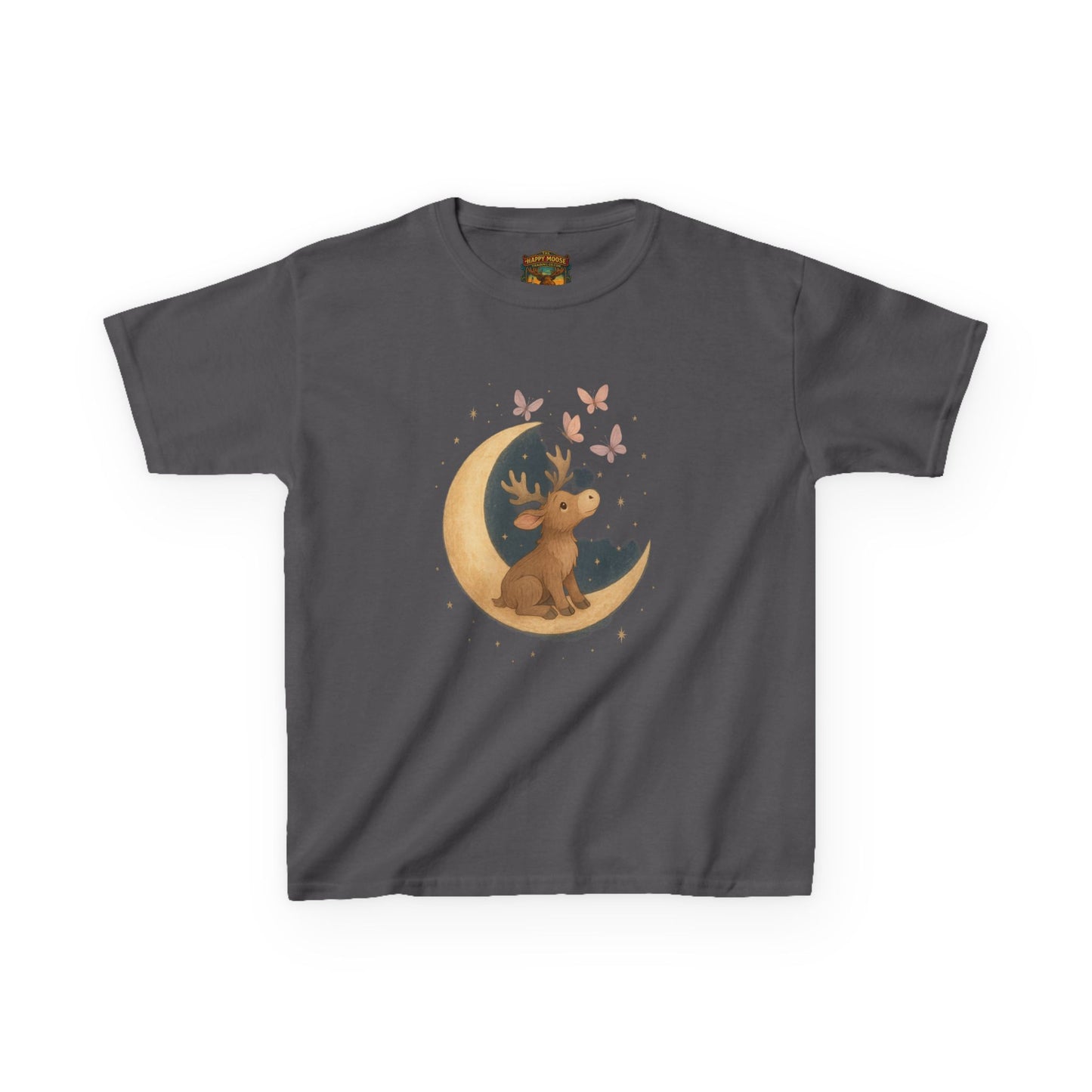 Kids Tee — Cute Puppy on Moon with Butterflies Graphic