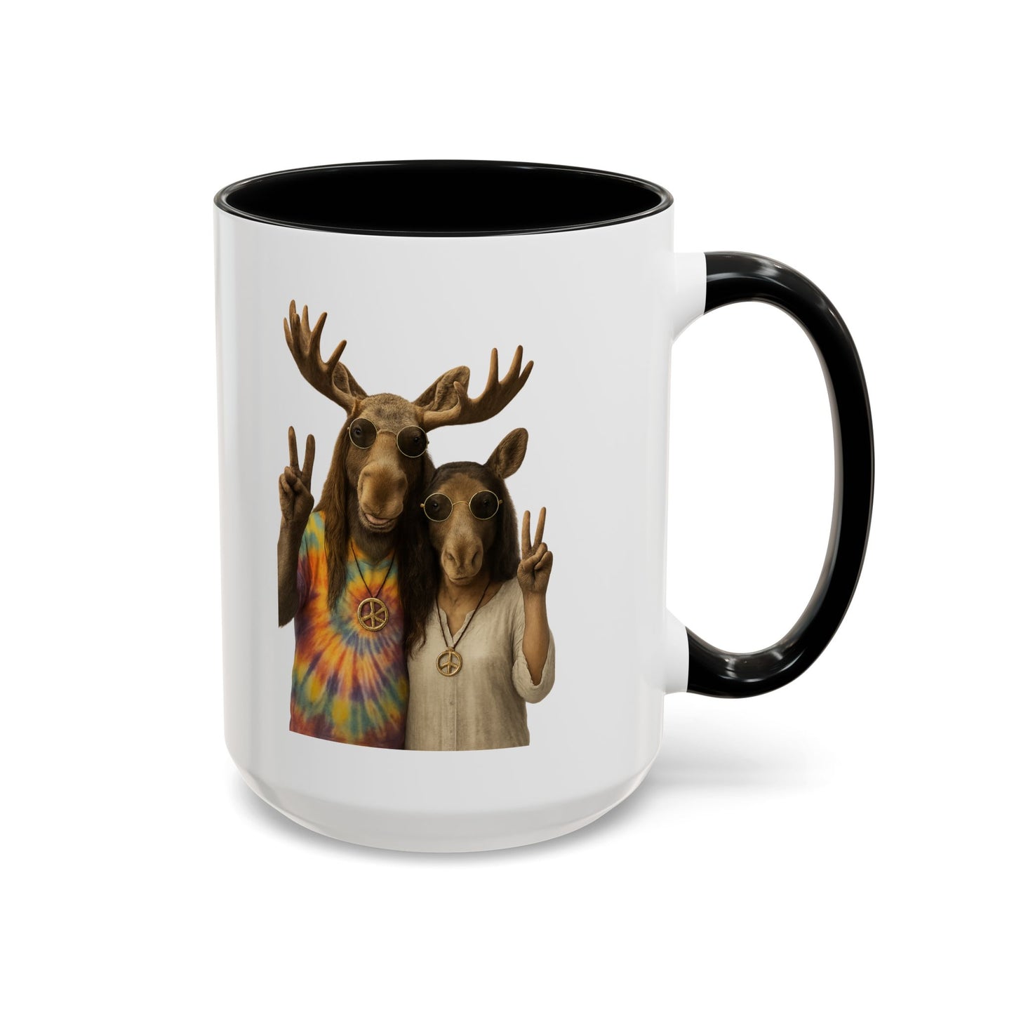 Peaceful Moose Couple Accent Coffee Mug — Hippie Tie-Dye Moose Peace Sign 11/15oz