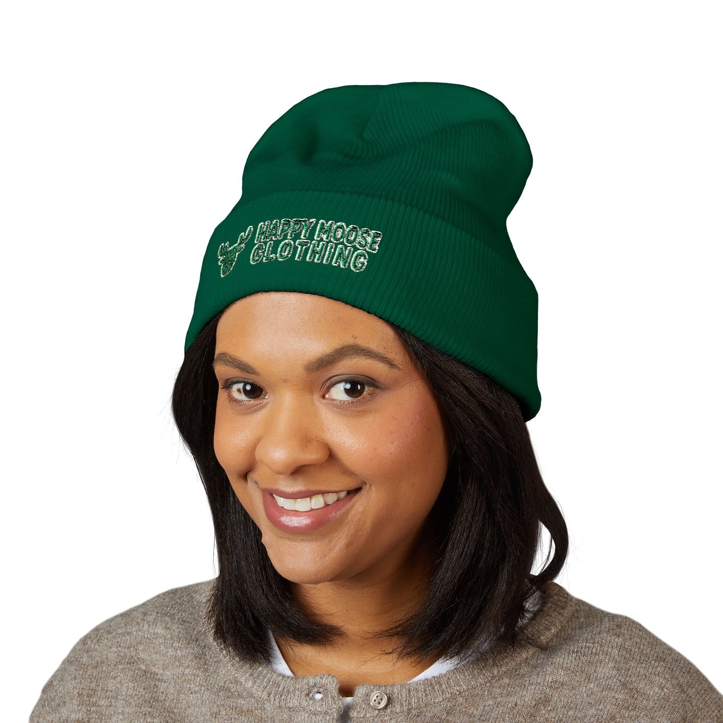 Happy Moose Embroidered Cuffed Beanie