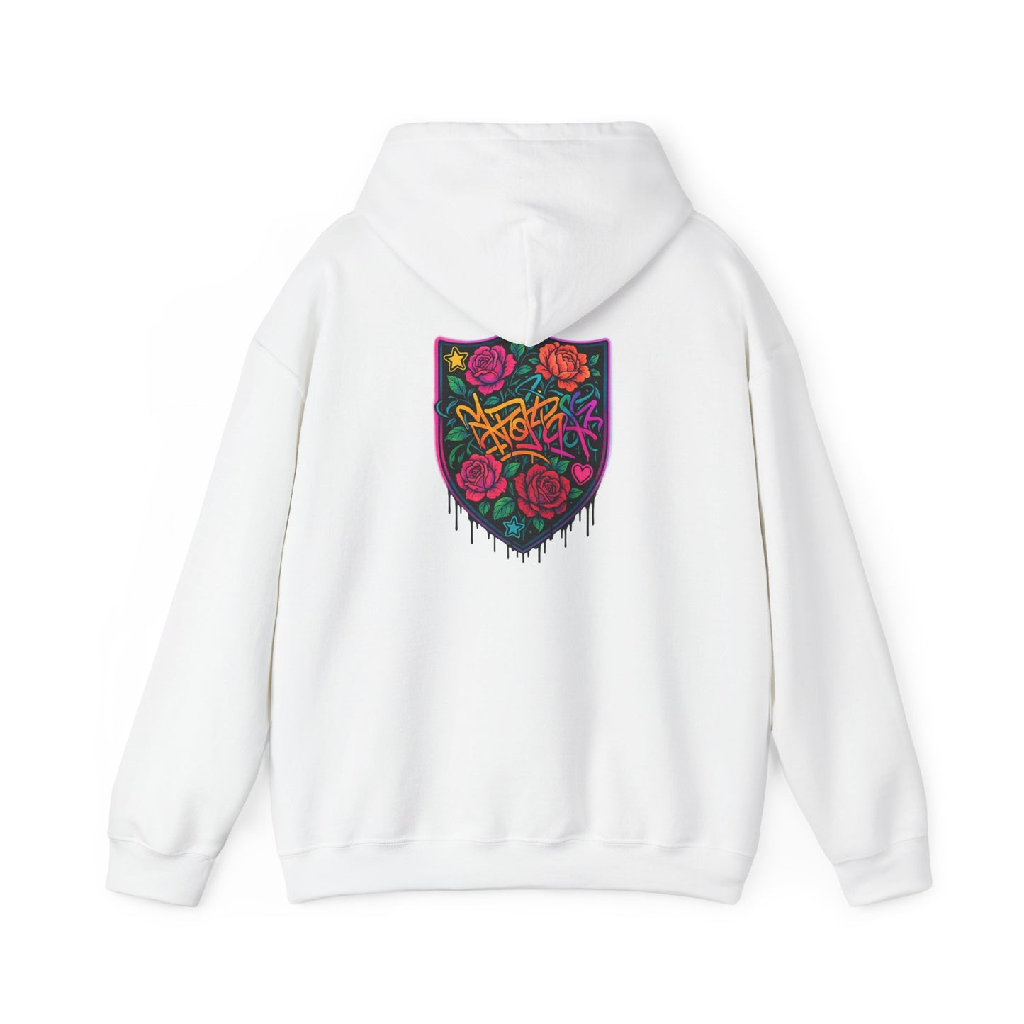 Graffiti Rose Shield Hoodie – Urban Floral Streetwear Sweatshirt
