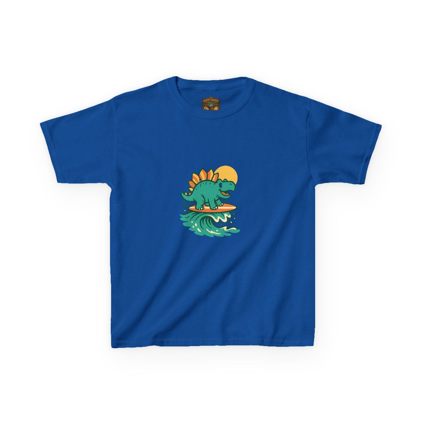 Kids Surfing Dinosaur T-Shirt — Cute Stegosaurus on Wave Graphic Tee