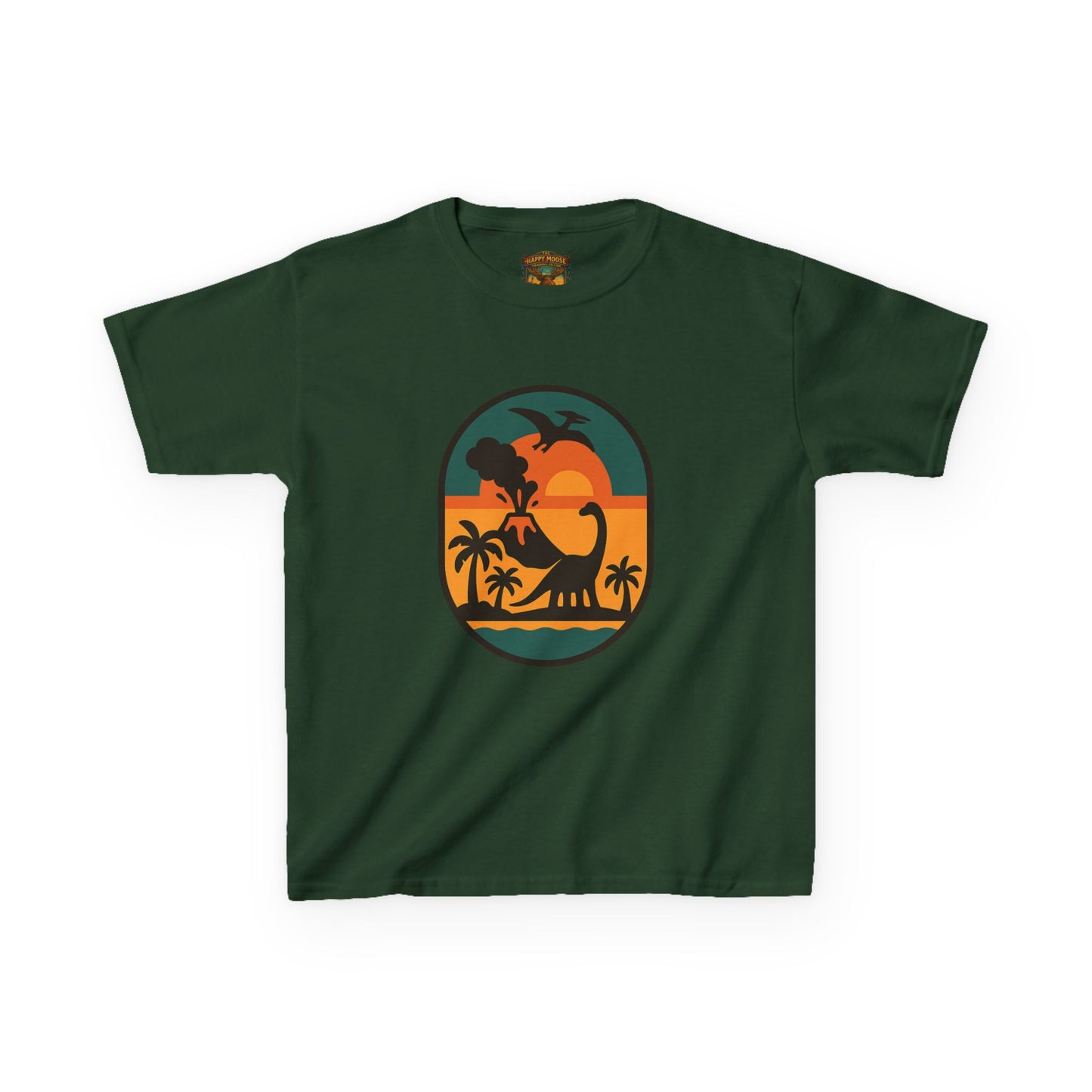 Kids T‑Shirt — Retro Tropical Dinosaur Sunset