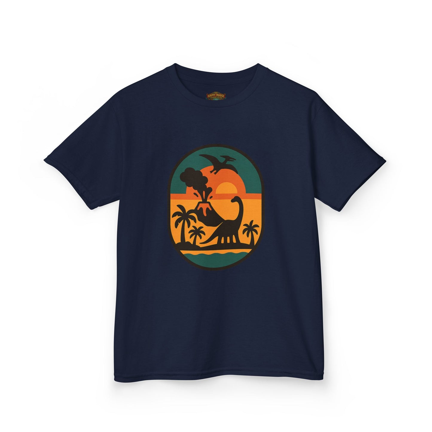 Kids T‑Shirt — Retro Tropical Dinosaur Sunset