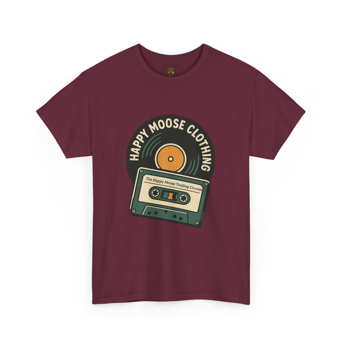 Cassette & Vinyl Retro Tee — “Happy Moose Clothing” Vintage Music Graphic T-Shirt