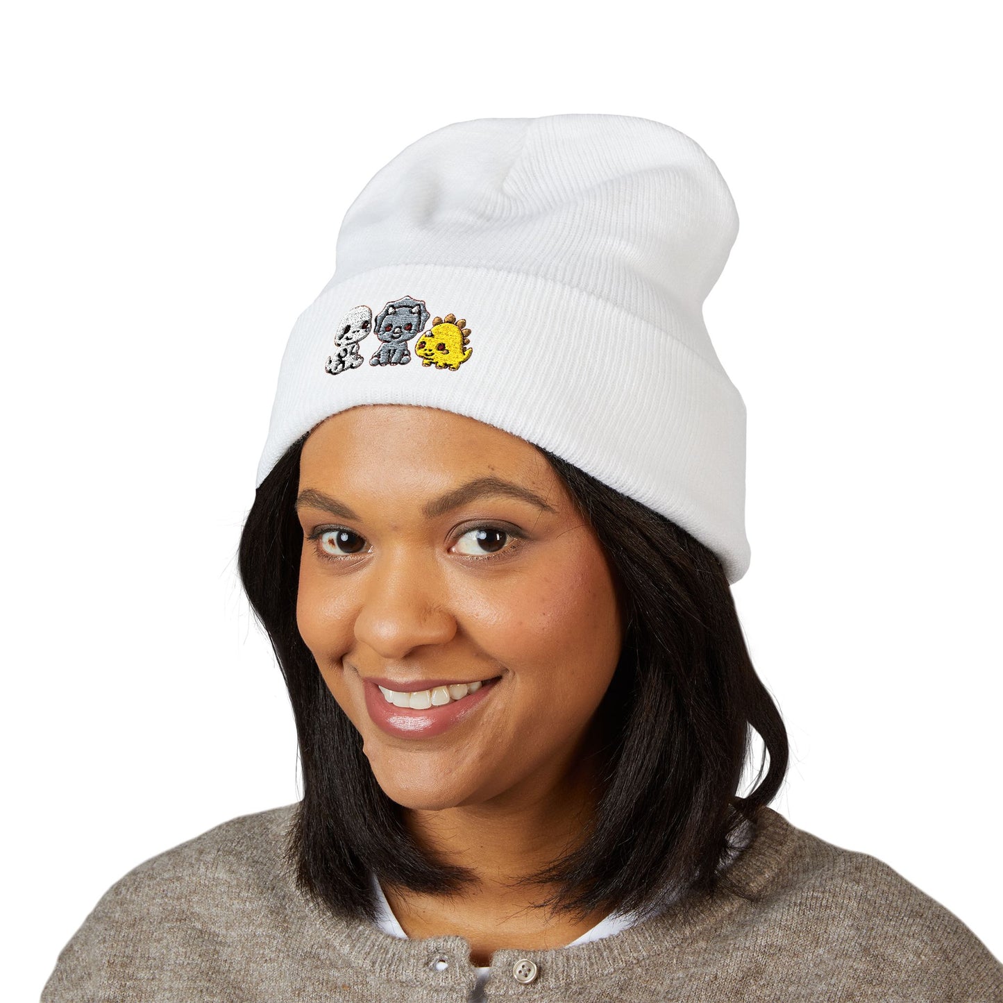 Embroidered Cute Character Cuffed Beanie — Trio Skull, Robot & Chick Winter Hat