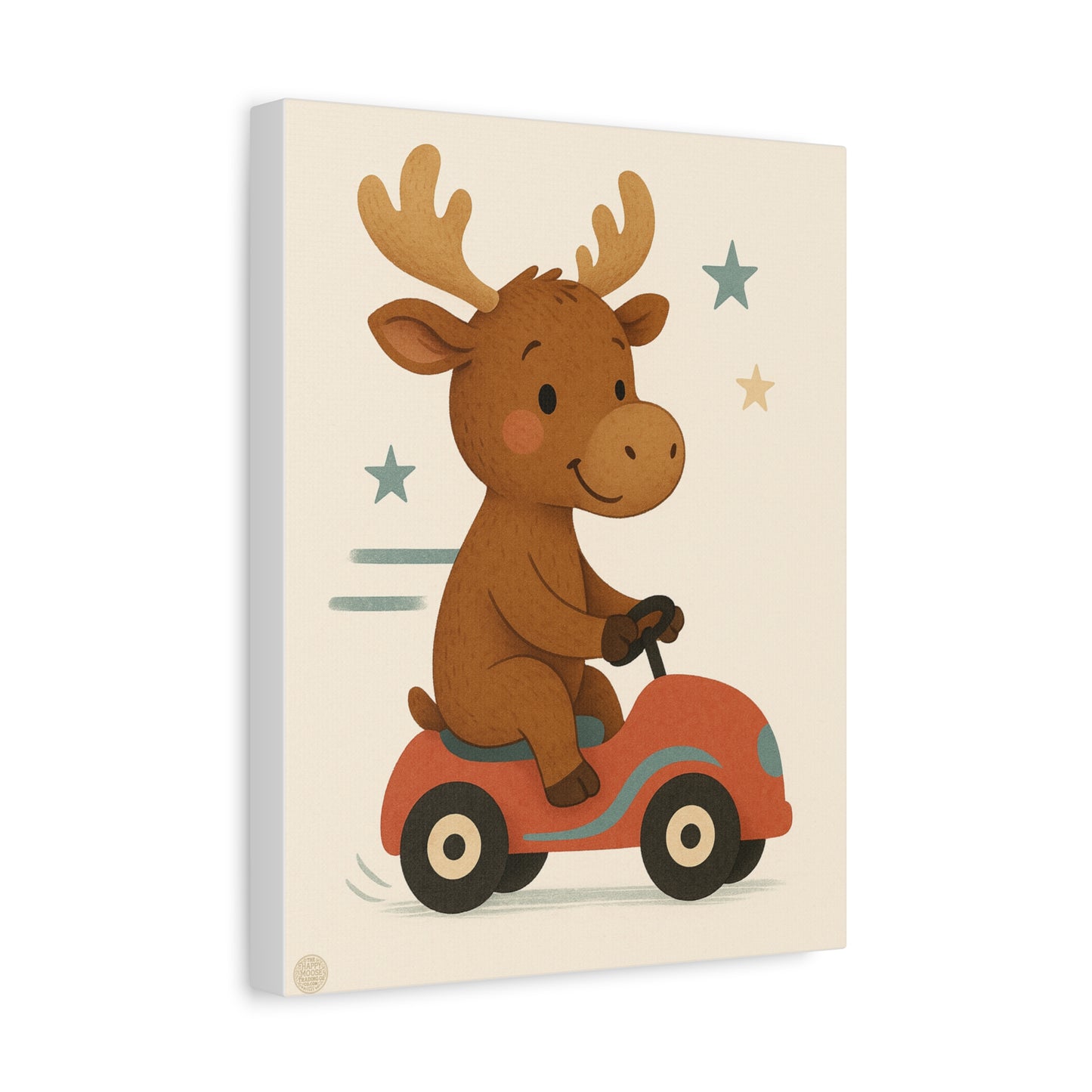 Cute Moose on Red Car Canvas Wall Art – Nursery Kids Decor