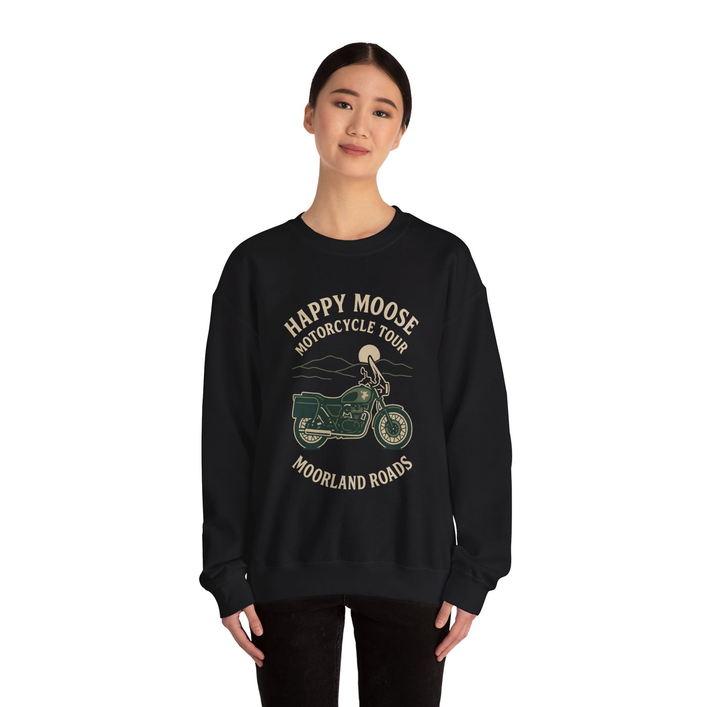 Motorcycle Crewneck Sweatshirt — "Happy Moose Motorcycle Tour" Vintage Bike Graphic