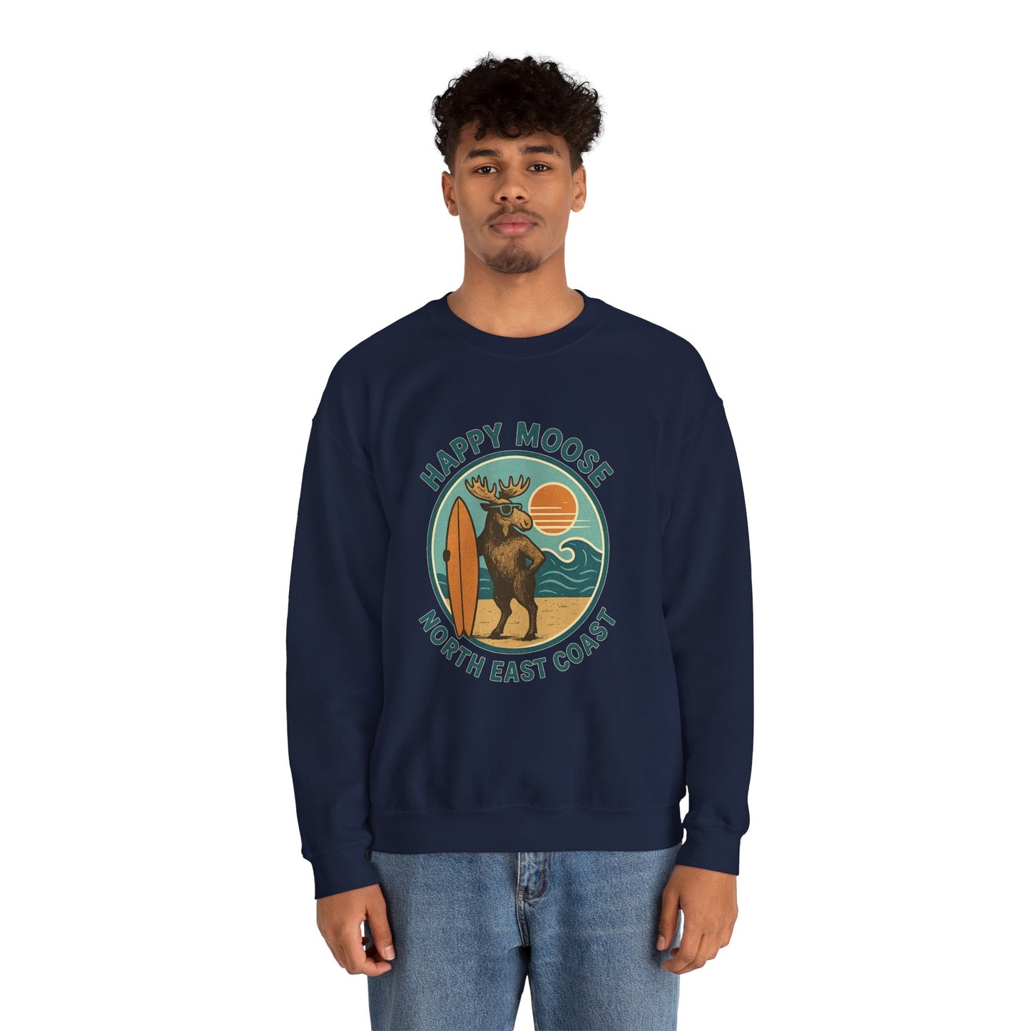 Happy Moose North East Coast Crewneck Sweatshirt — Vintage Surf Moose Graphic