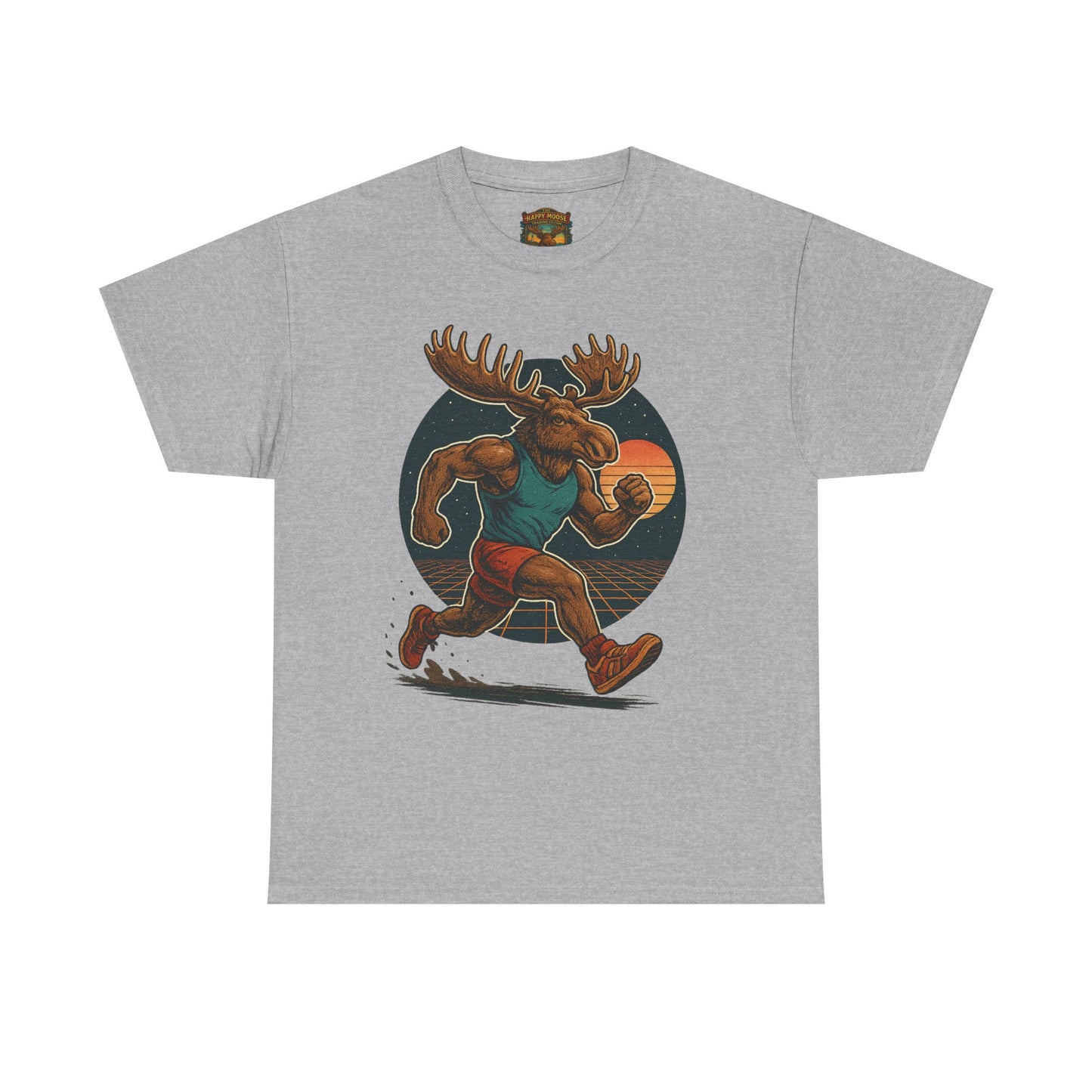 Running Moose Graphic Tee - Retro Sunset Jogging Animal Fitness Shirt