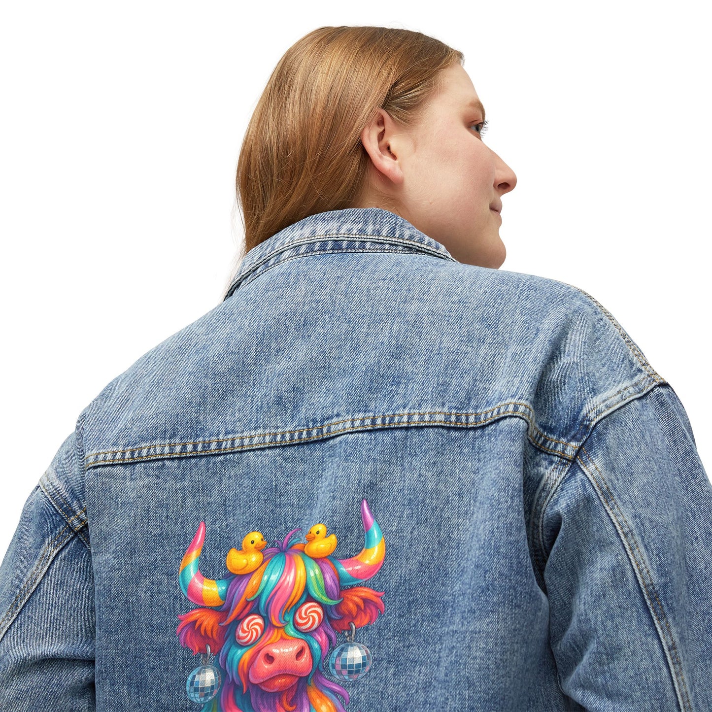 Women’s Denim Jacket with Colorful Rainbow Highland Cow Back Art