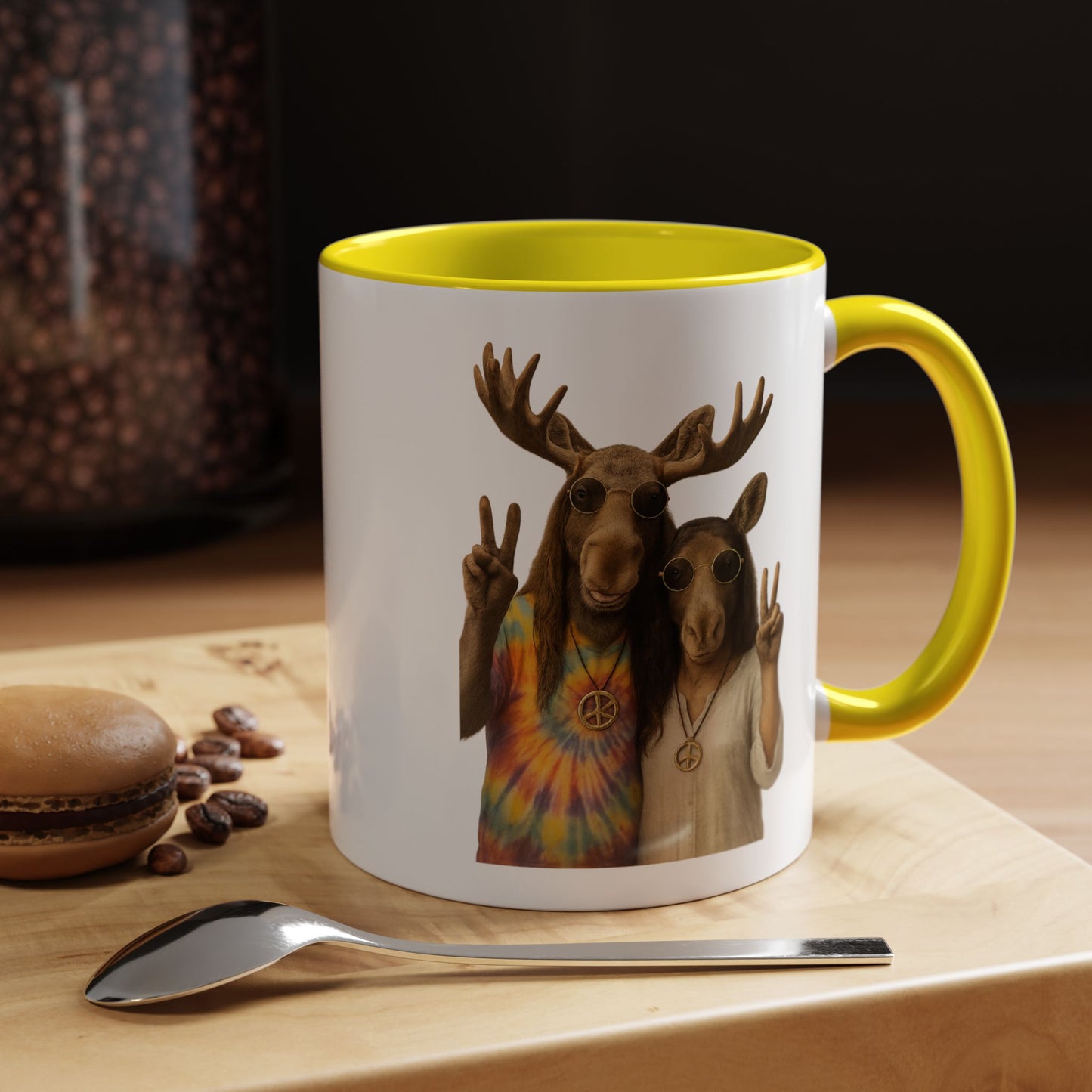 Peaceful Moose Couple Accent Coffee Mug — Hippie Tie-Dye Moose Peace Sign 11/15oz