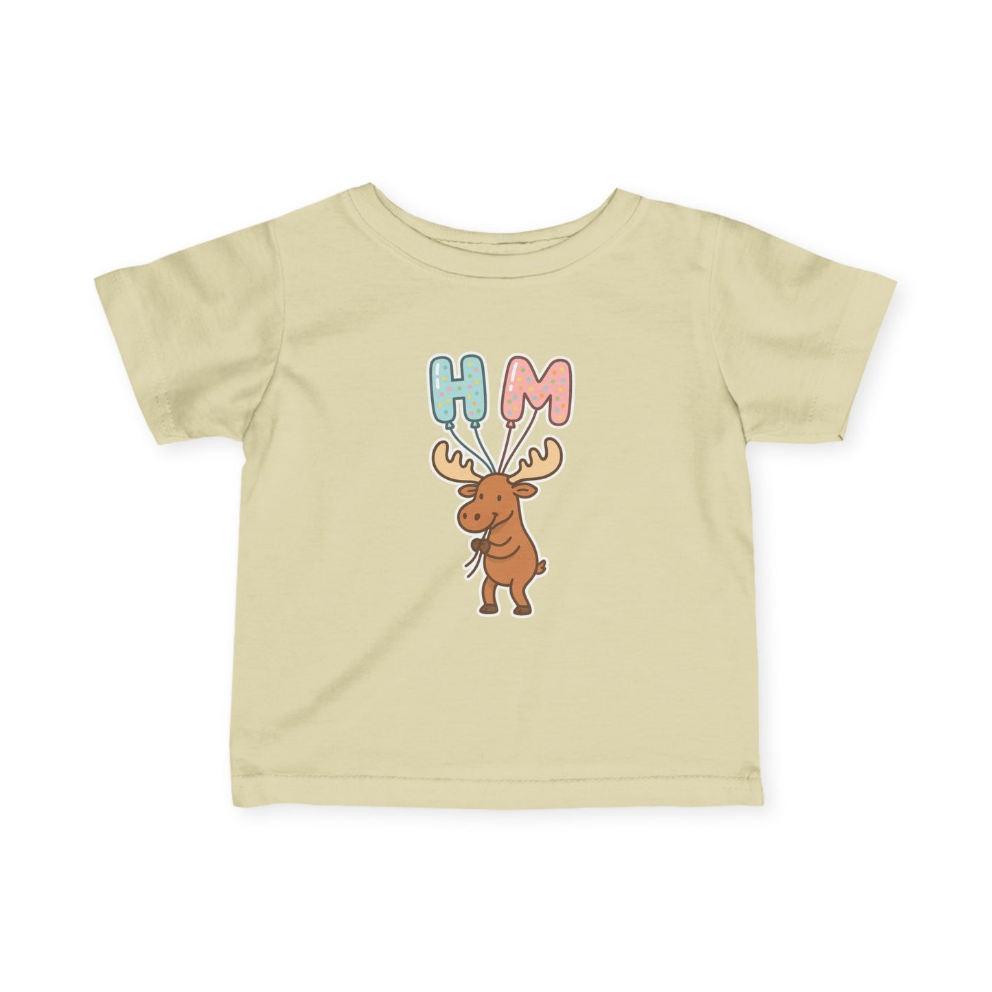 Baby Tee — Cute Moose Holding 'HM' Heart Balloons | Infant Graphic Shirt