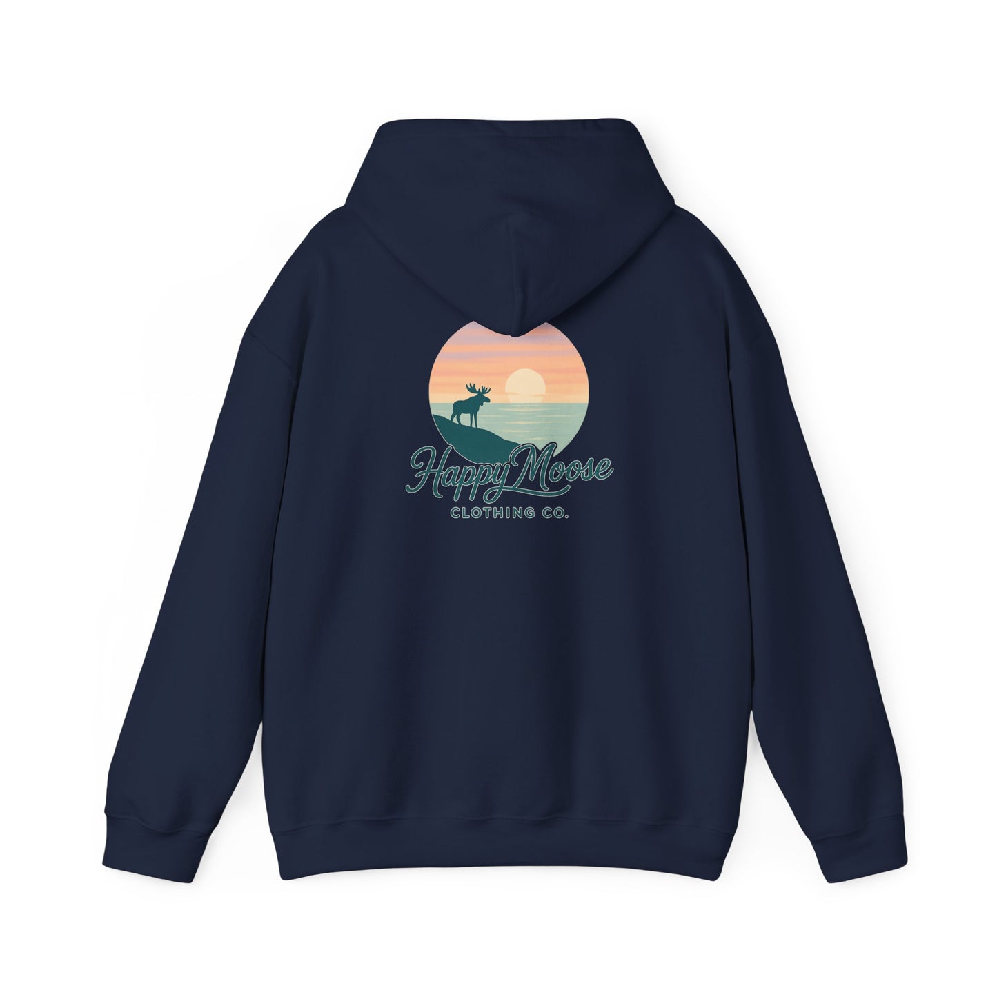 Happy Moose Hoodie — Sunset Lake Graphic Hooded Sweatshirt