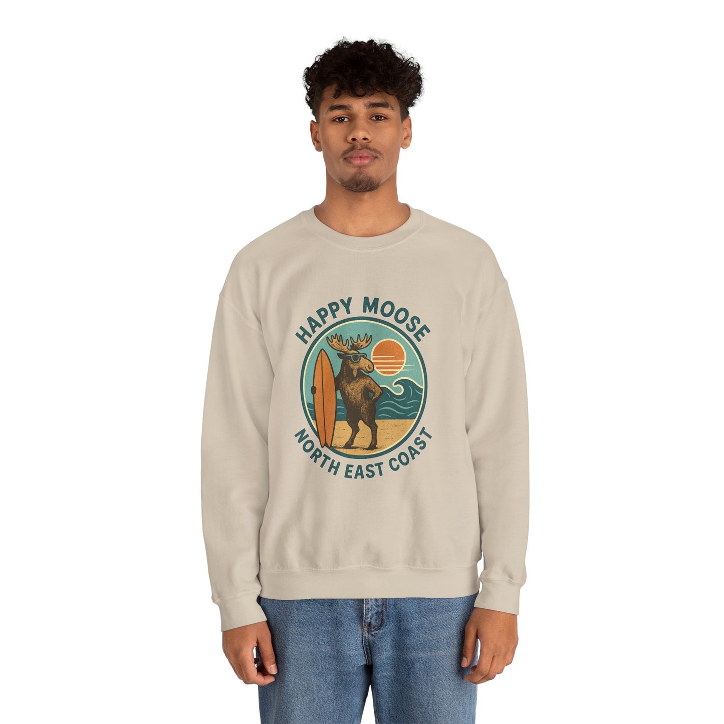 Happy Moose North East Coast Crewneck Sweatshirt — Vintage Surf Moose Graphic