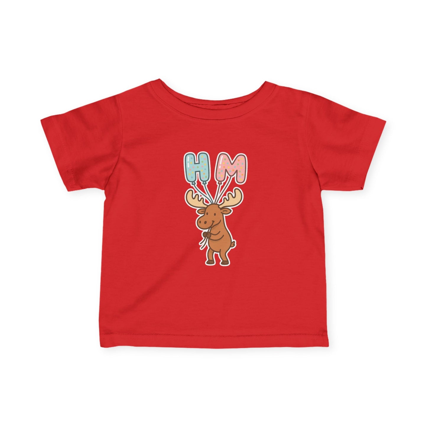 Baby Tee — Cute Moose Holding 'HM' Heart Balloons | Infant Graphic Shirt